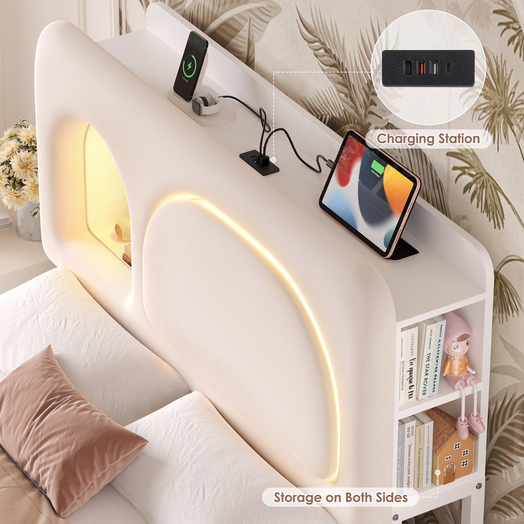 Hiphuta Queen Size Bed Frame with RGB LED and Power Outlets, Velvet Upholstered Platform Bed with Drawers and Side Storage, White