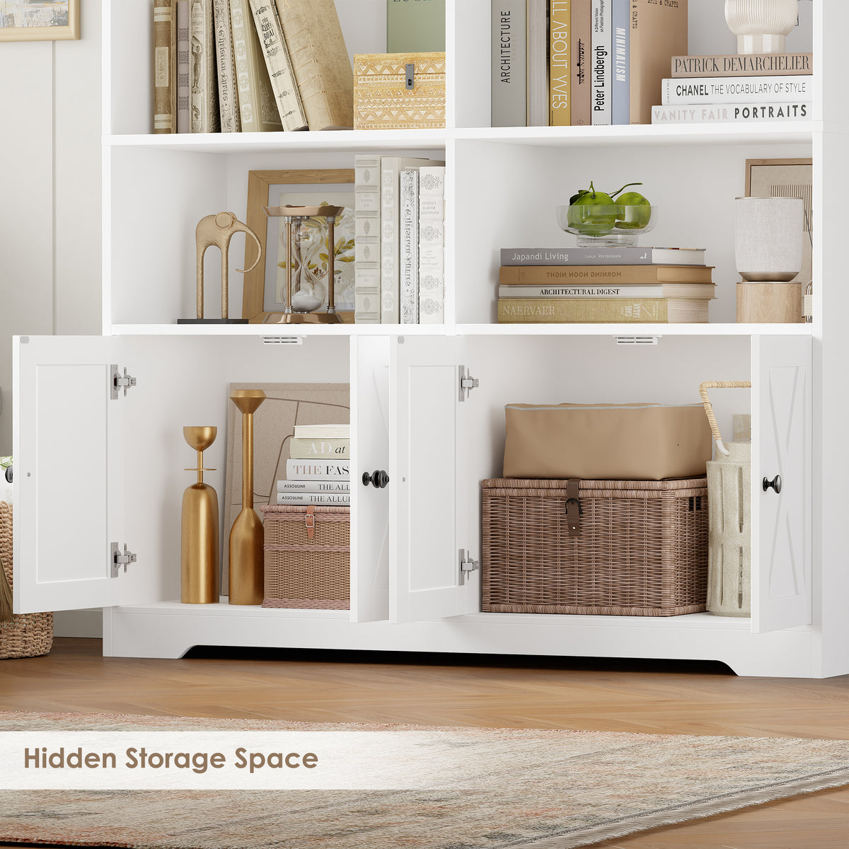 Hiphuta 78"H x 47"W Bookcase with Doors, Tall Bookshelves with Storage, 5-Tier Shelves Freestanding Display Bookcase for Home Office and Living Room, White