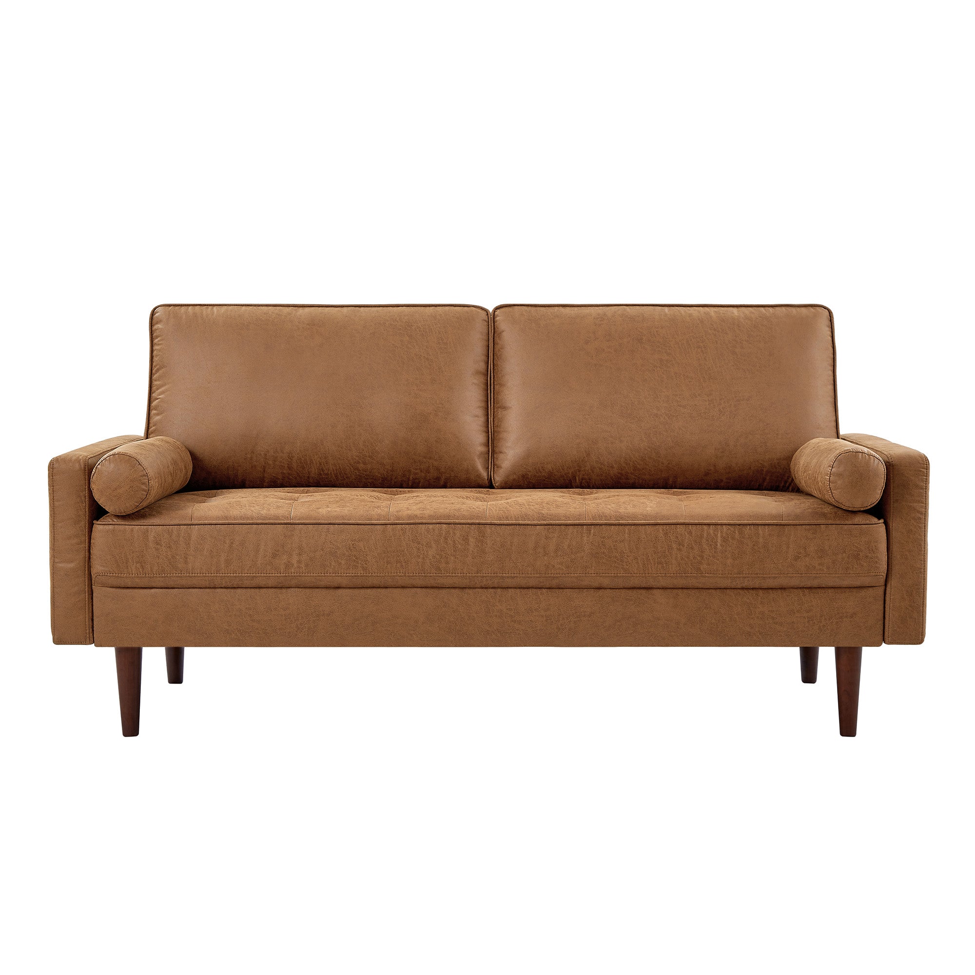 Hiphuta 70" Wide Mid-Century 3-Seater Couches with Tufted Cushion & 2 Pillows, Faux Leather, Brown