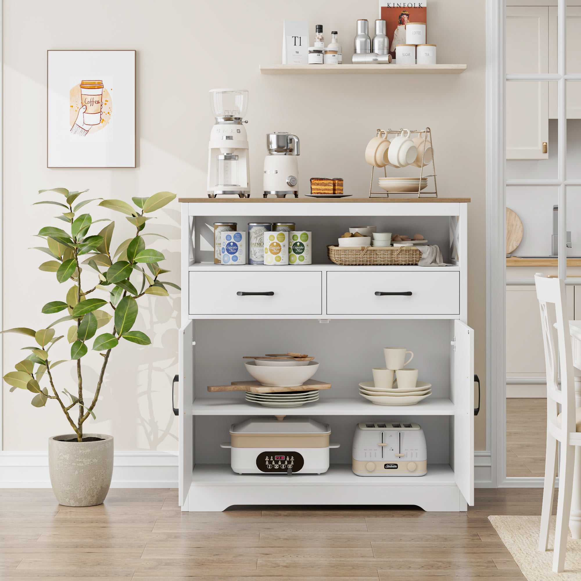 Hiphuta Modern Farmhouse Buffet Sideboard, Wood Cabinet with Shelves, Doors & 2 Drawers, Coffee Bar, Floor Cabinet Cupboard for Living Room, White