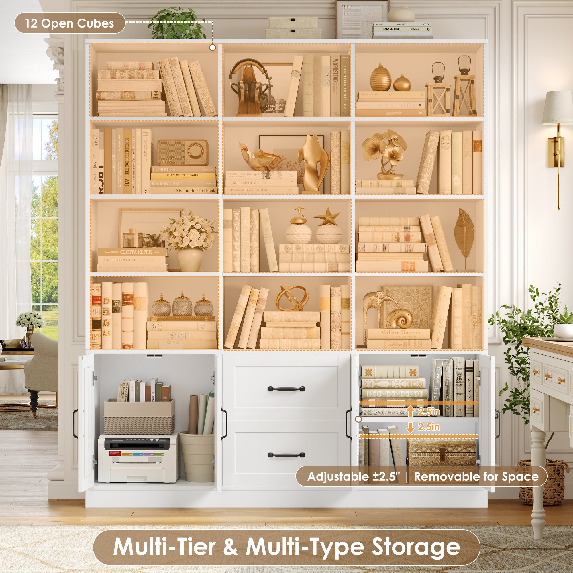 Hiphuta 71" Tall Triple Row 4-Tier Bookcase with 12 Open Cubes, 59" Wide Extra Large Display Bookshelf with 4 Doors and 2 Drawers, for Office Living Room, White