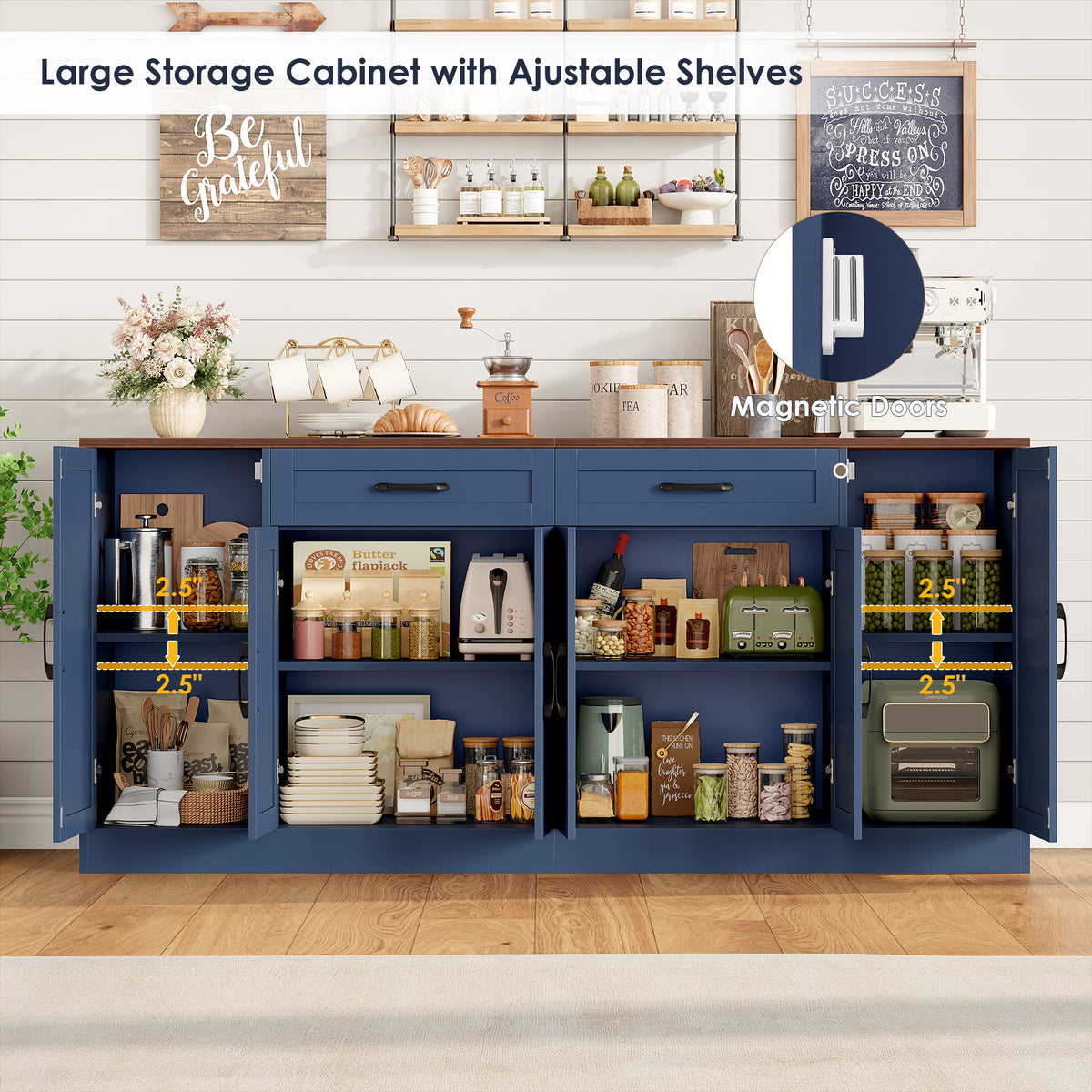 Hiphuta 70.8"W Large Buffet Cabinet with 6 Doors, Modern Farmhouse Sideboard with 2 Drawers, Coffee Bar for Kitchen Dining Room Living Room, Blue