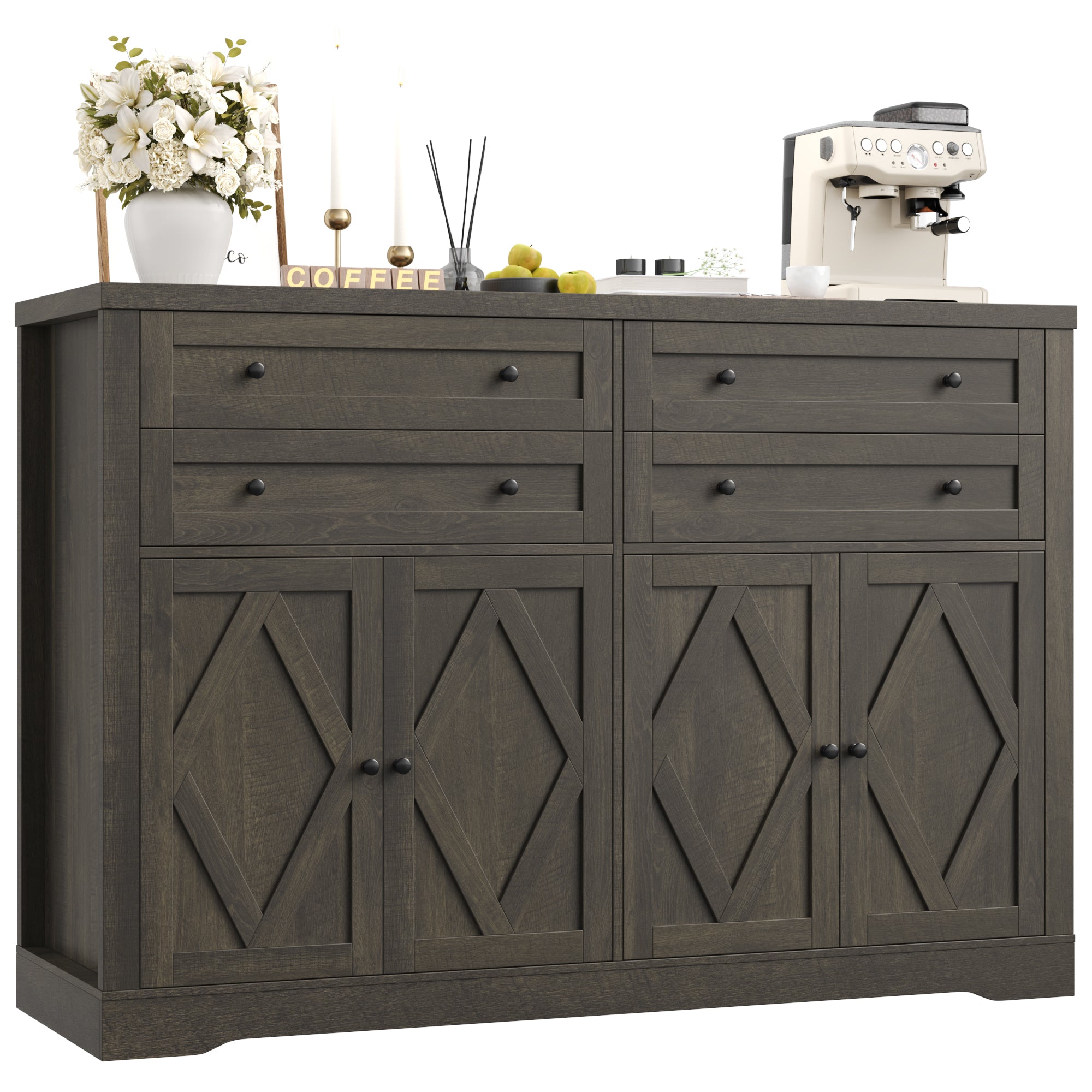 Hiphuta 55" Wide Farmhouse Buffet Storage Cabinets with 2 Adjustable Shelves & 4 Drawers for Living Room, Dark Brown