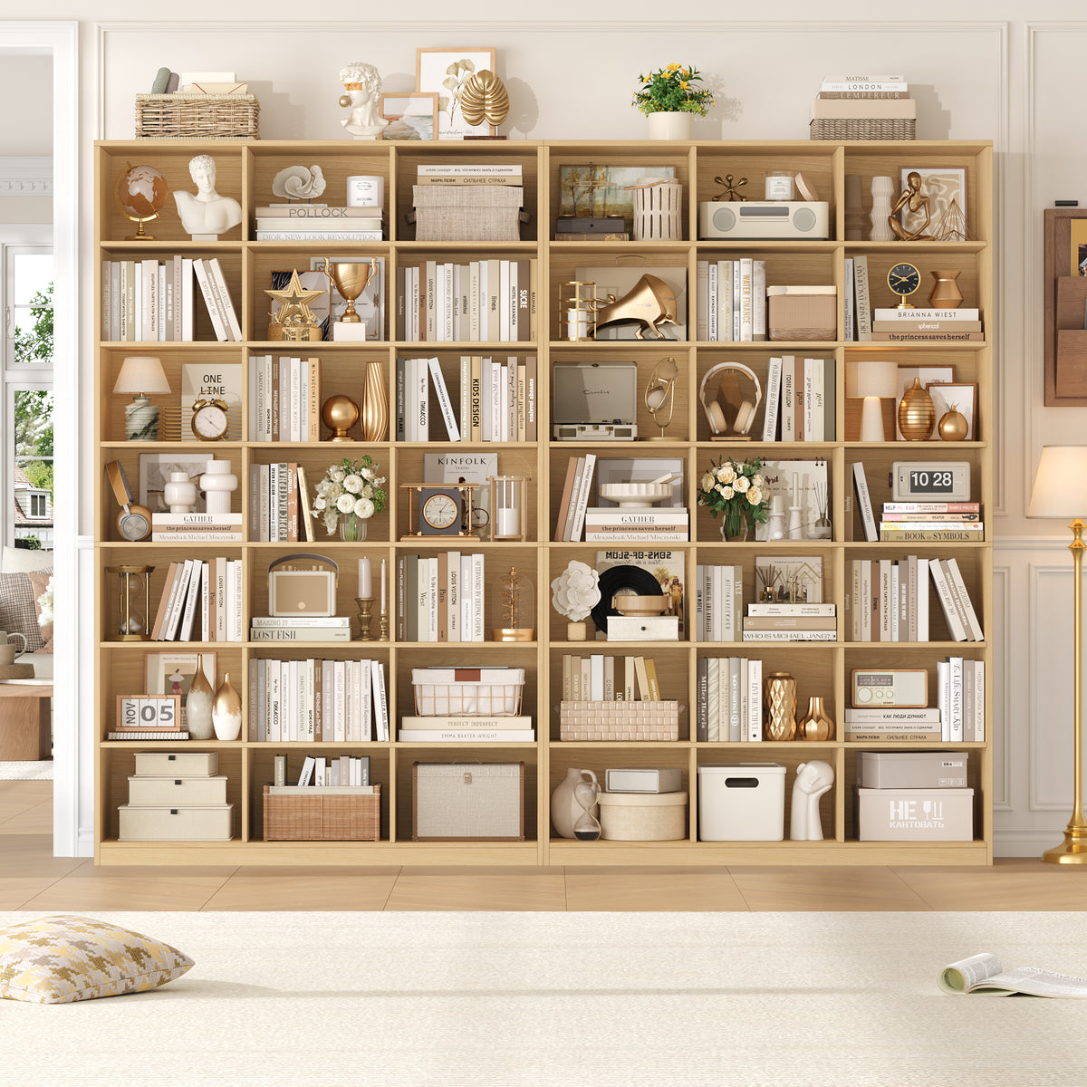 Hiphuta 86"H x 47"W Wood Triple 7-Tier Standard Bookcase, Tall Bookcase for Bedroom, Living Room and Office, Freestanding 21 Cubes Display Storage Shelves, Natural