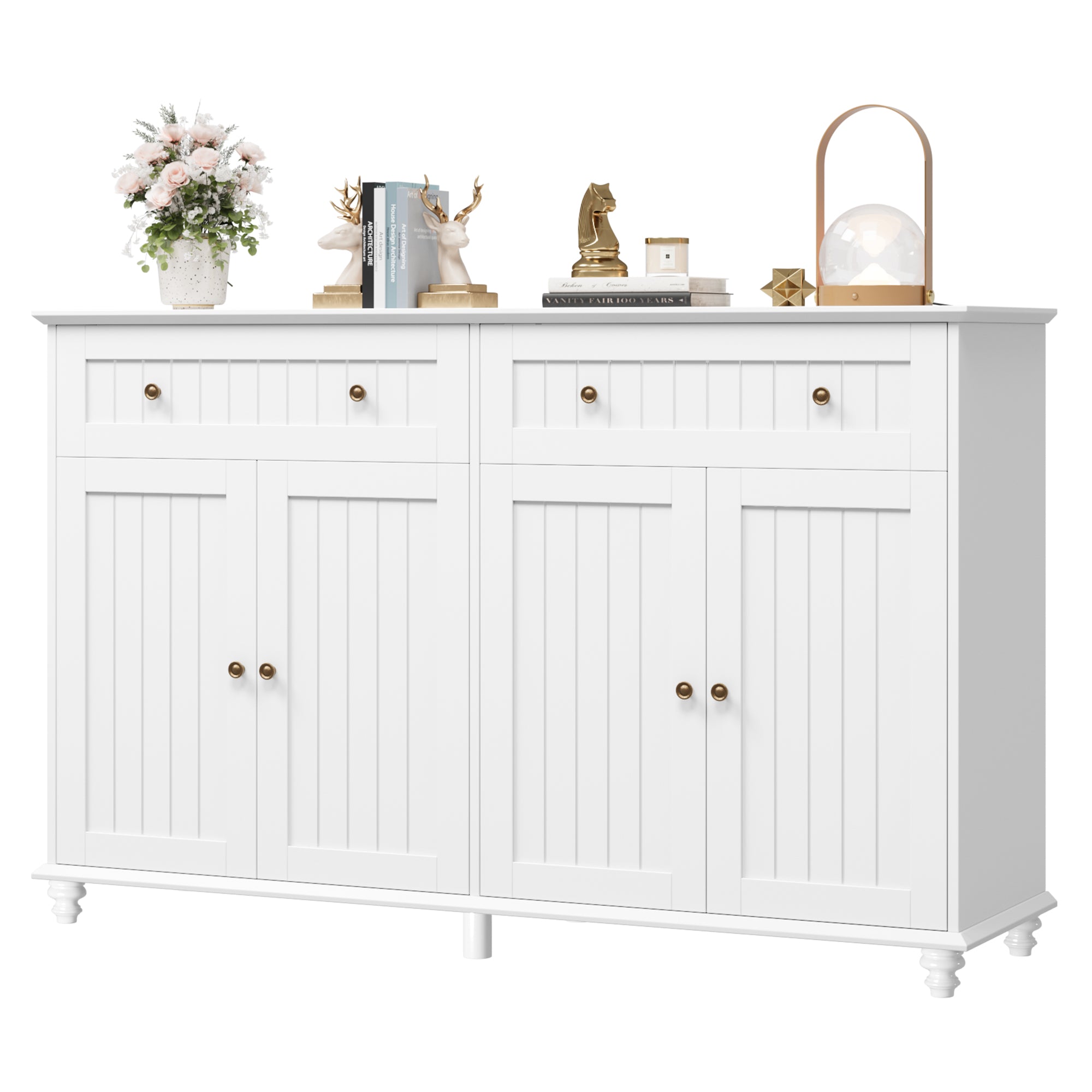 Hiphuta Kitchen Sideboard Buffet Cabinet with 4-Doors & 2 Large Drawers, Storage Cabinet for Living Room Home, White