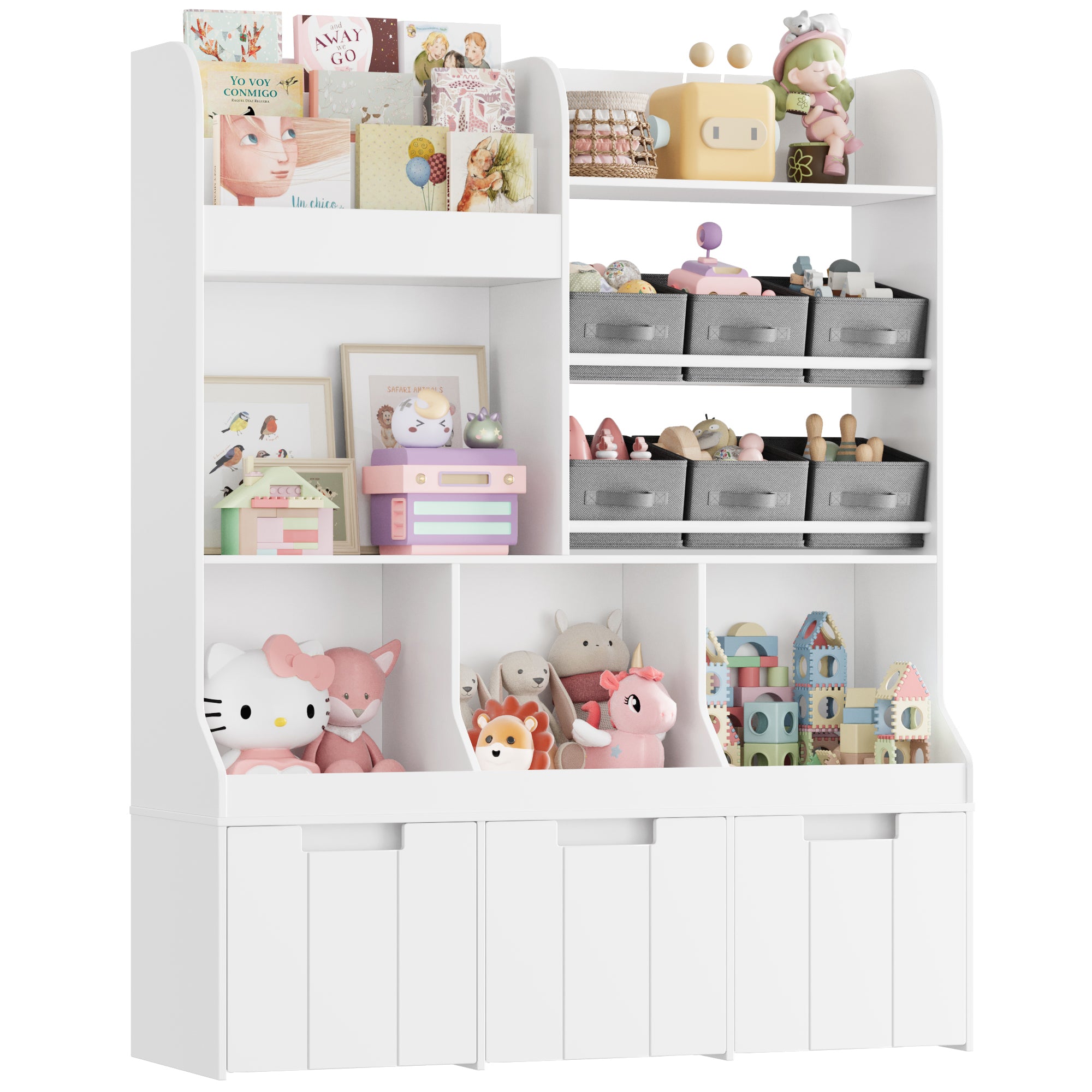 Hiphuta Kid’s Toy Storage Organizer with Book Racks & 6 Fabric Bins for Playroom, White