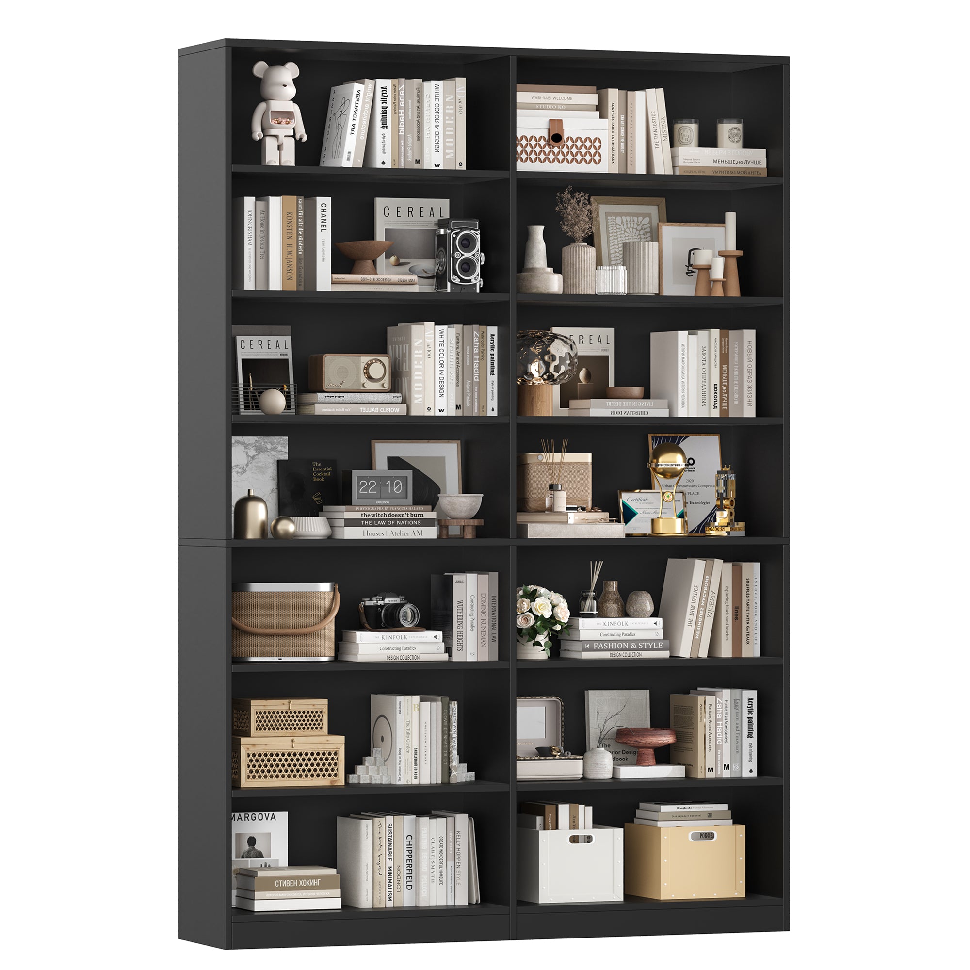 Hiphuta 83.6"H x 47.2"W Wood Double 7-Tier Standard Bookcase, Tall Bookcase for Bedroom, Living Room and Office, Freestanding Display Storage Shelves, Black