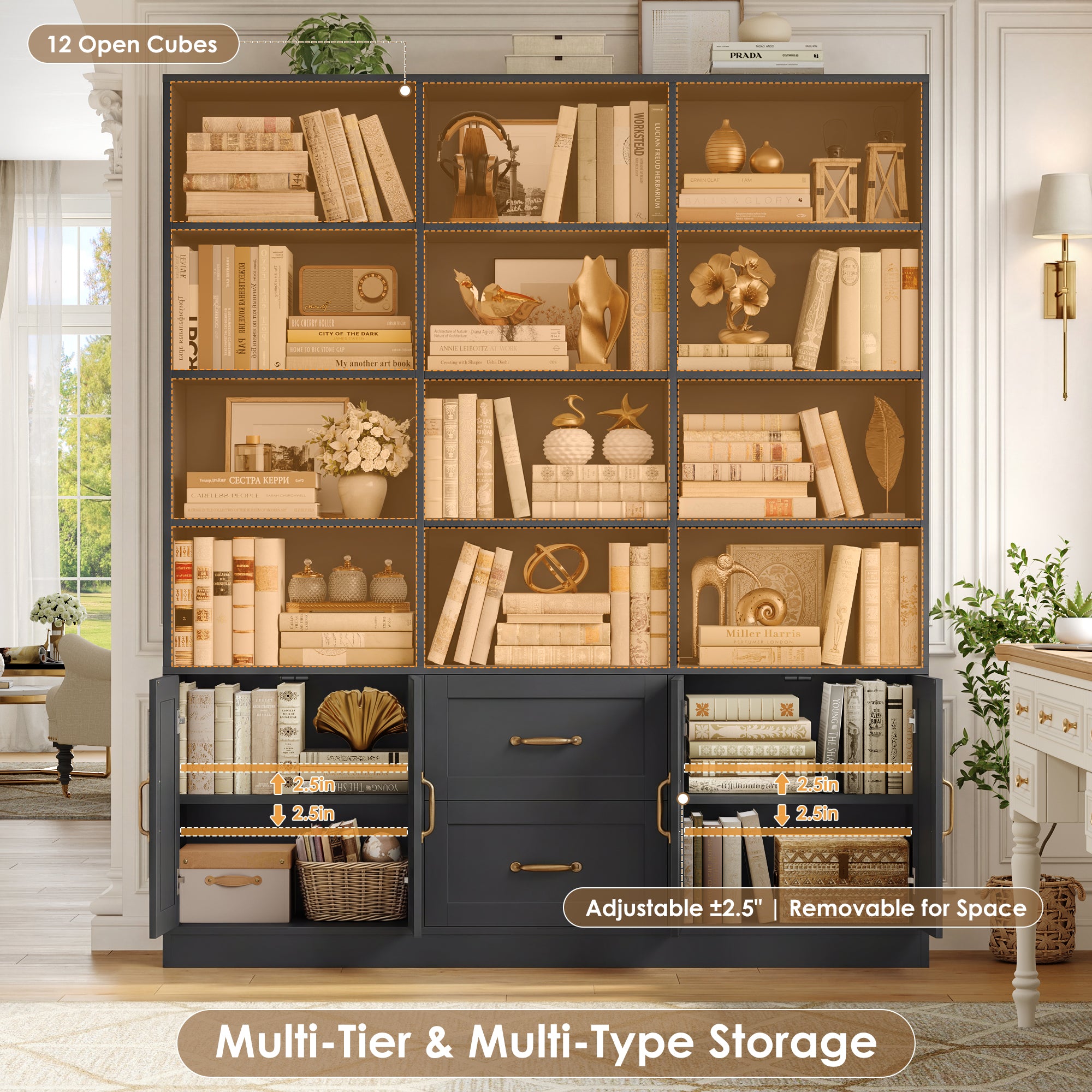 Hiphuta Triple Row 4-tier Bookcase, Large Bookcase with 4 Doors and 2 Drawers, Modern Minimalist Bookcase for Office Living Room, Black