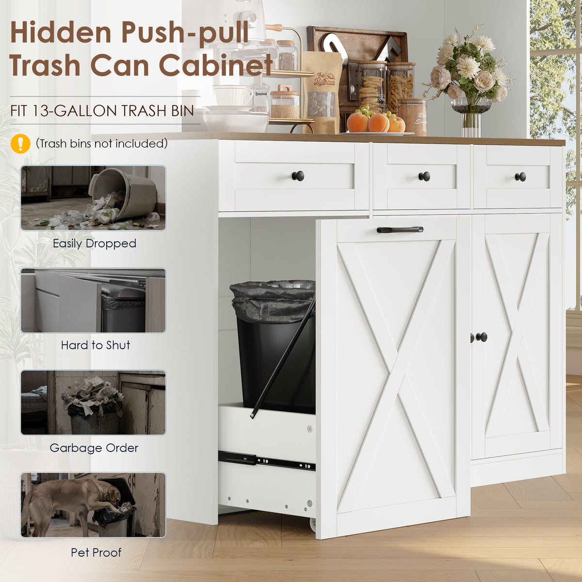 Hiphuta 73” Tall Kitchen Pantry Cabinet Fits 13 Gallon Trash Can Cabinet, Farmhouse Kitchen Storage Hutch with Pull Out Trash Can Storage for Dining Room Living Room, White