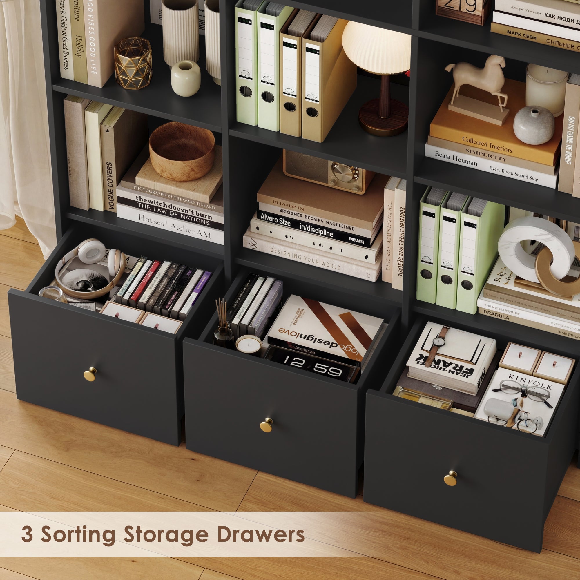 Hiphuta Triple Row 4-Tier Bookcase with 12 Cubes, 69" Tall Large Bookcase with 3 Drawers, for Office Living Room, Black