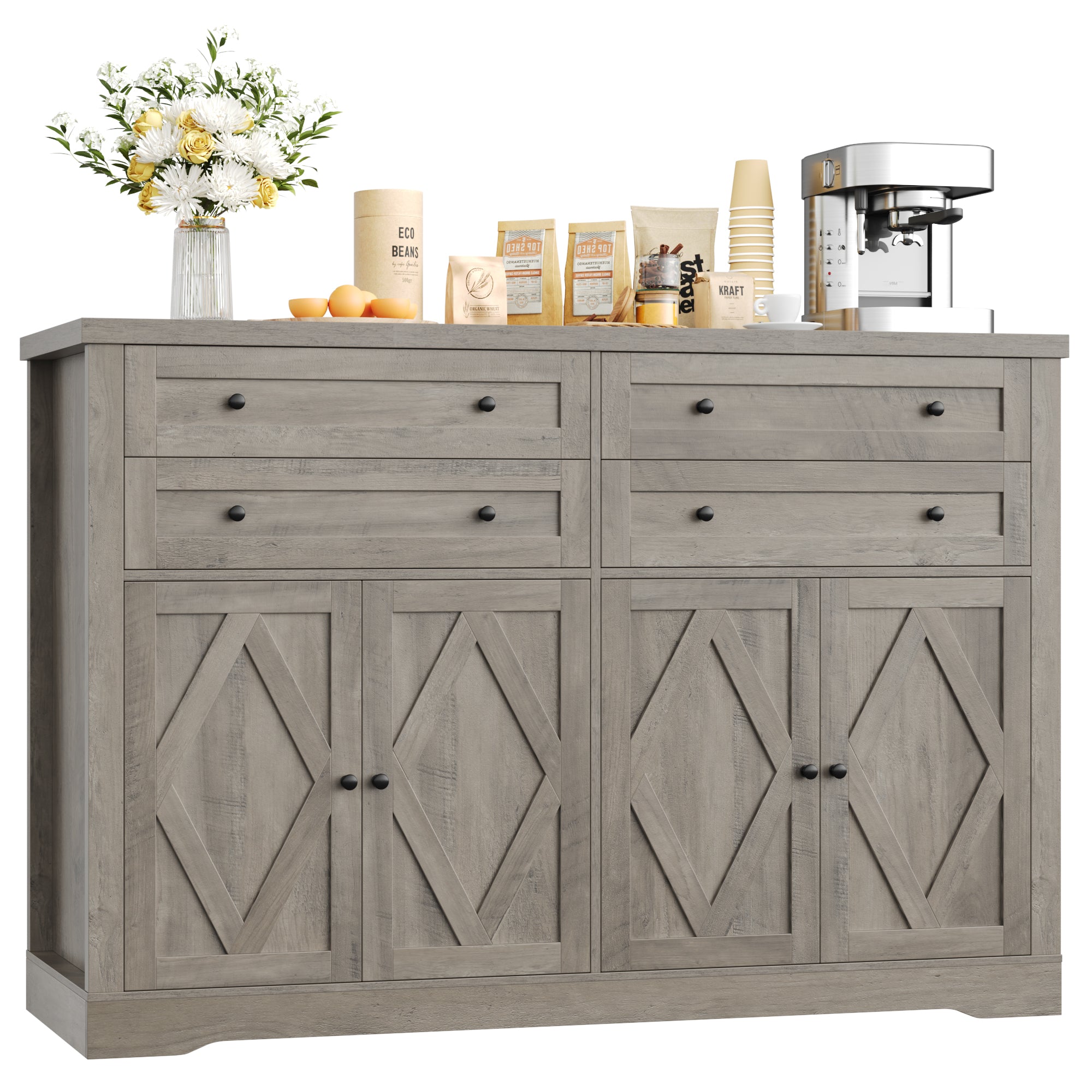 Hiphuta 55" Wide Farmhouse Buffet Storage Cabinets with 2 Adjustable Shelves & 4 Drawers for Living Room, Ash Gray