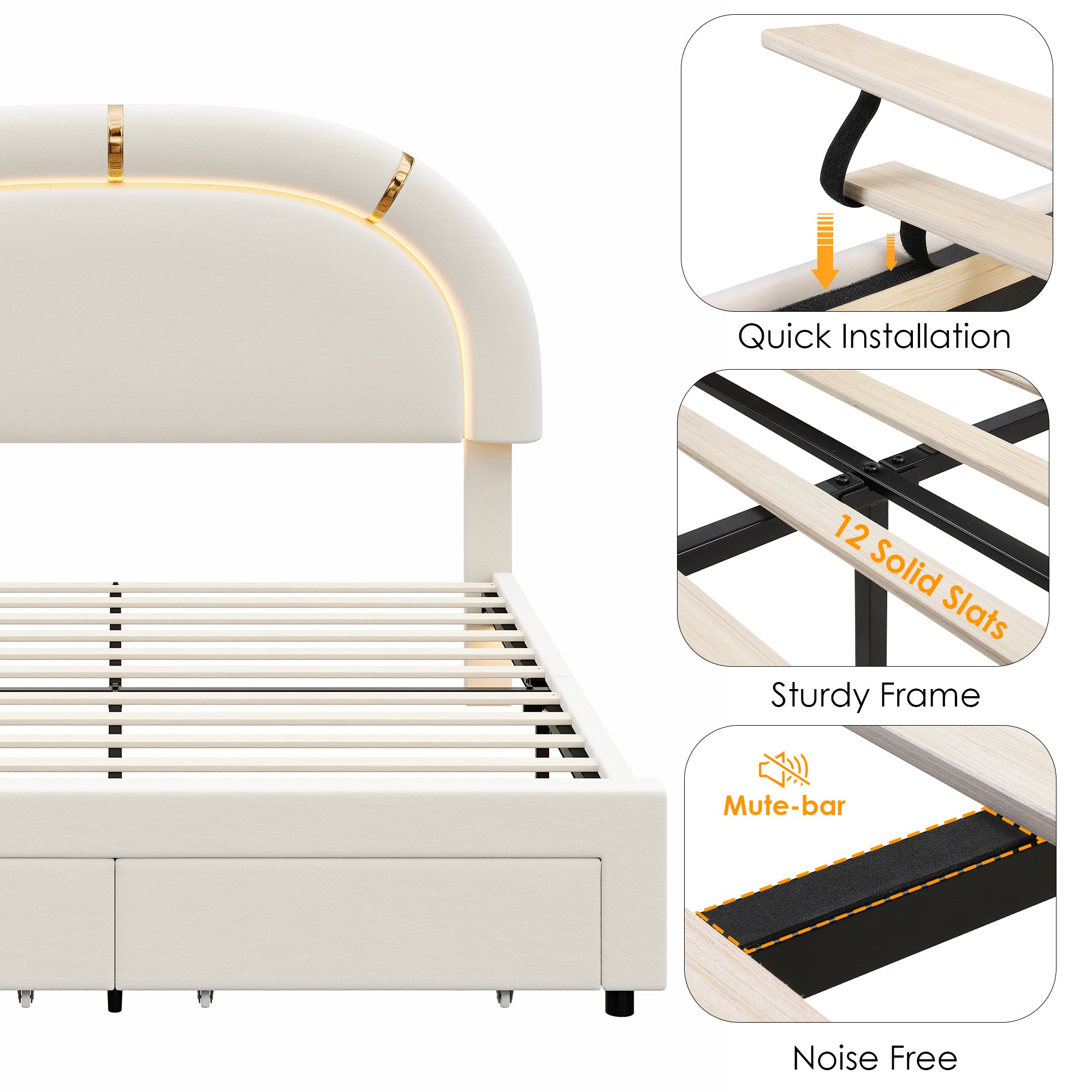 Hiphuta Full Kids Platform Bed Frame, Velvet Tufted Upholstered LED Bed with 2 Storage Drawers, Beige