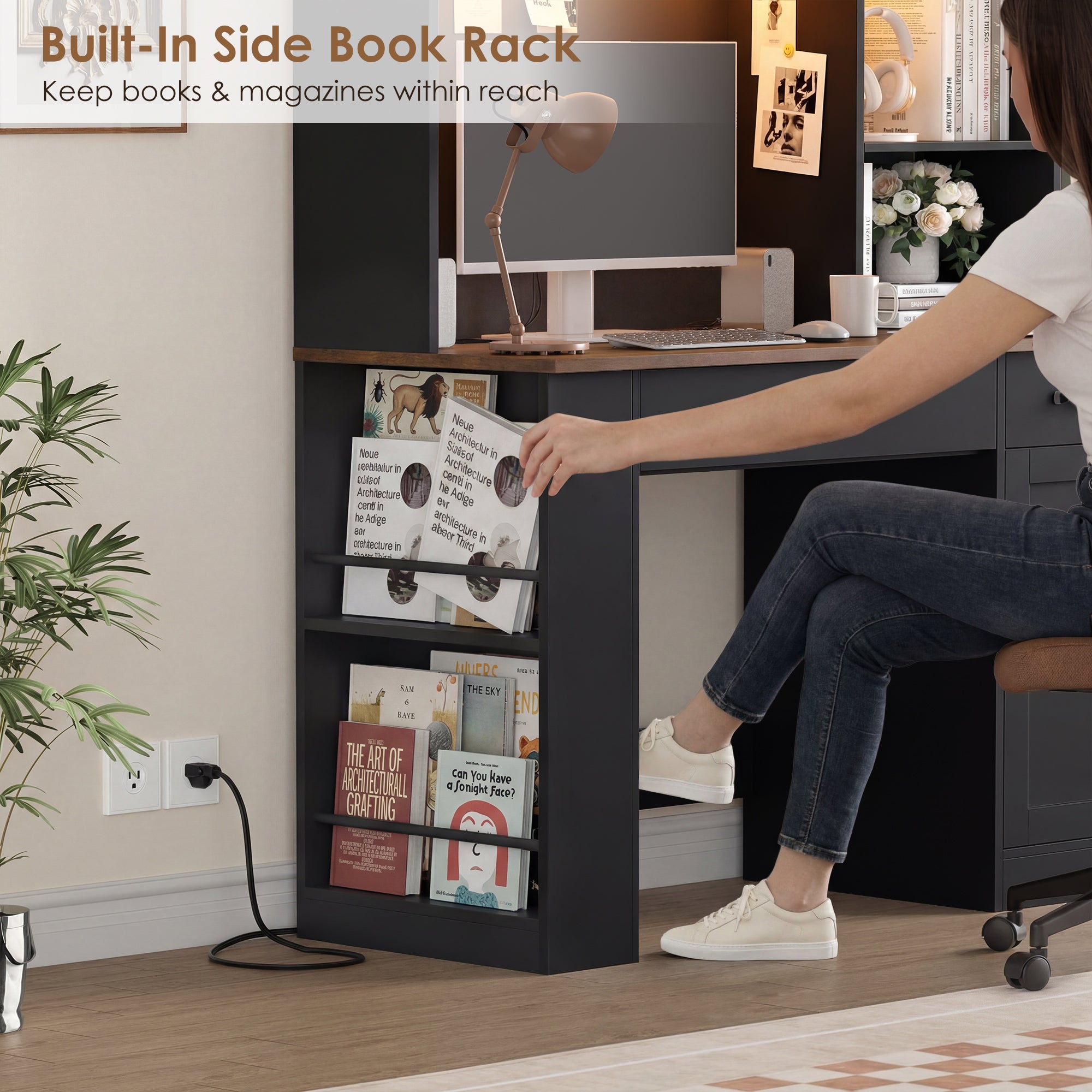 Hiphuta Executive Desk with Hutch & Power Outlets, Wood Writing Study Table with Adjustable Shelves, Home Office Computer Desk with Drawers, Black