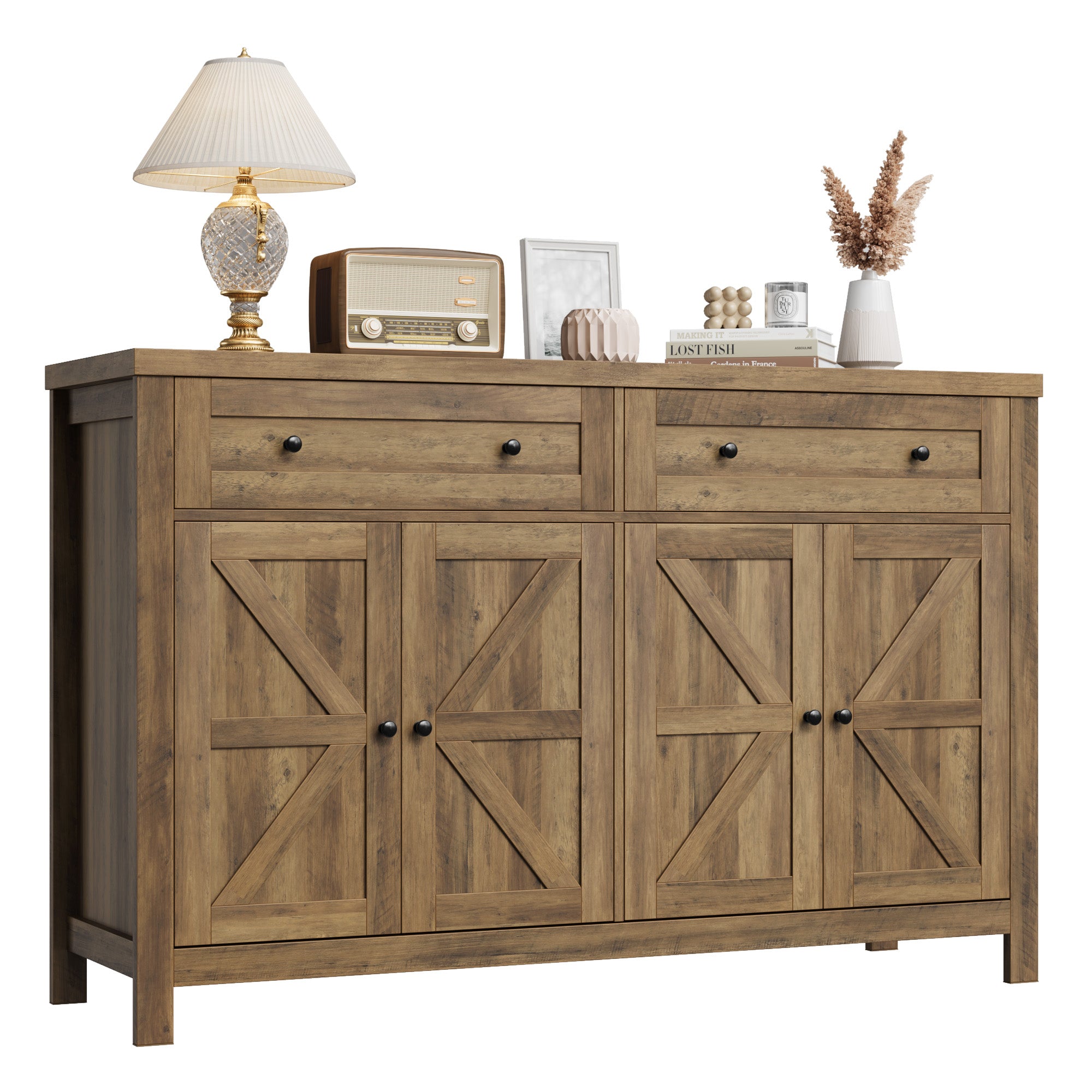 Hiphuta 55.1" Modern Sideboard Buffet, Credenza Storage Cabinets with Adjustable Shelf, 4-Doors & 2-Drawers, Rustic Brown