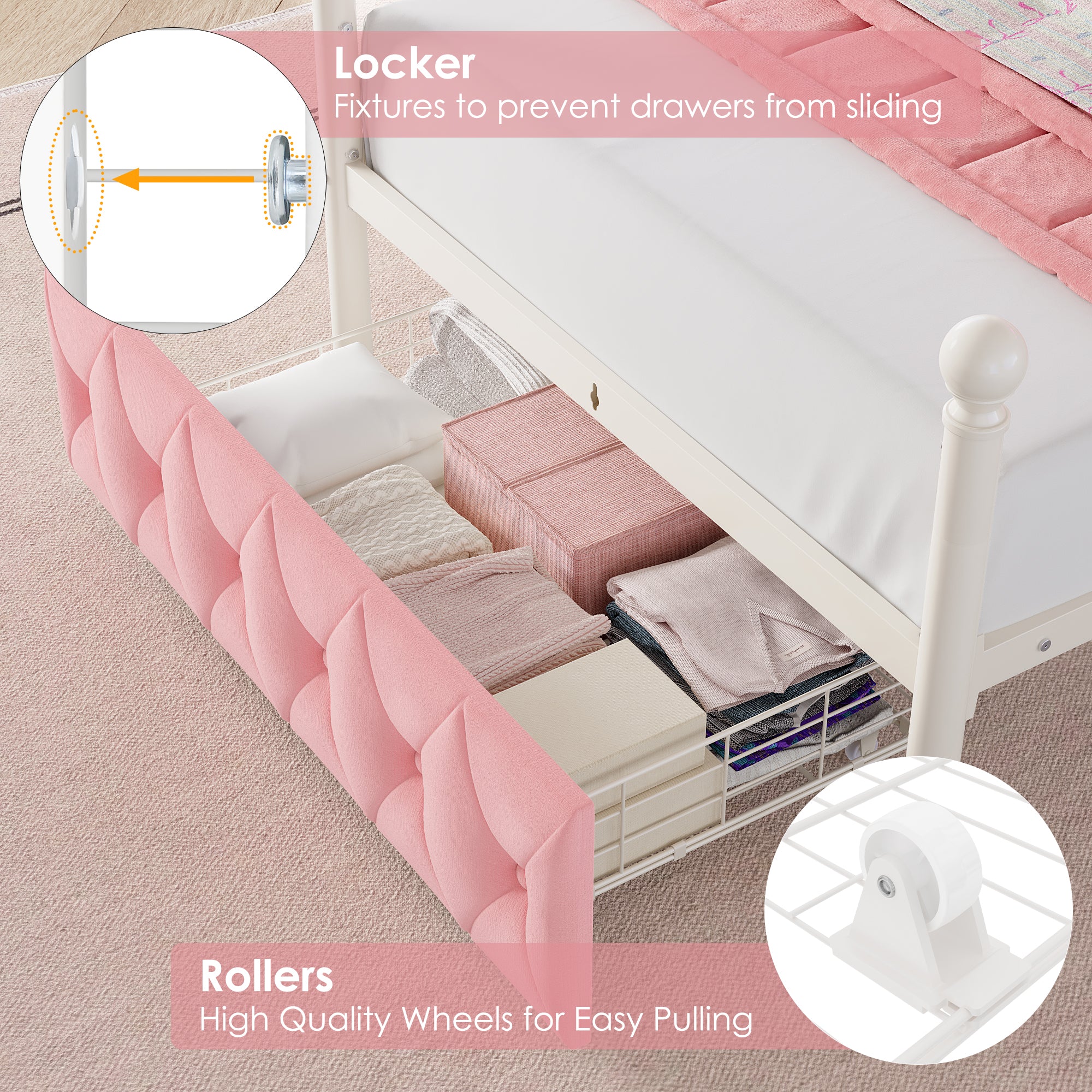 Hiphuta Twin Size Crown Canopy Bed with Power Outlet & LED, Upholstered Princess Beds with 4 Removable Posts, Twin Bed Frame, Pink