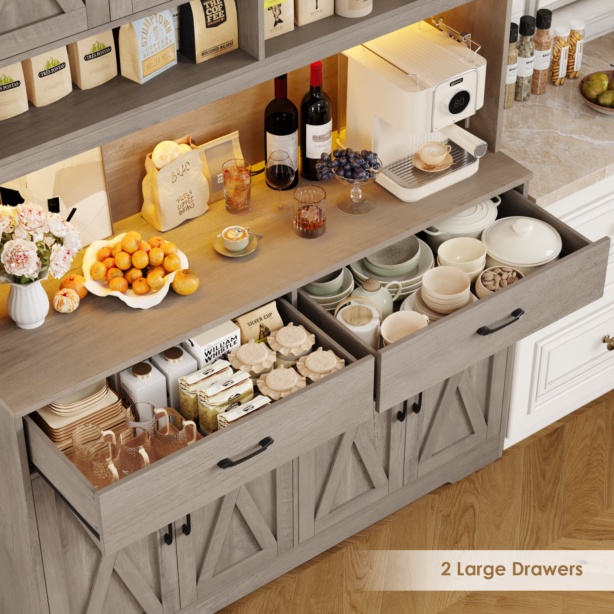 Hiphuta Farmhouse Kitchen Pantry Storage Cabinet, 75”H Freestanding Hutch with 8 Doors and 2 Drawers for Dining and Living Room, Ash Gray