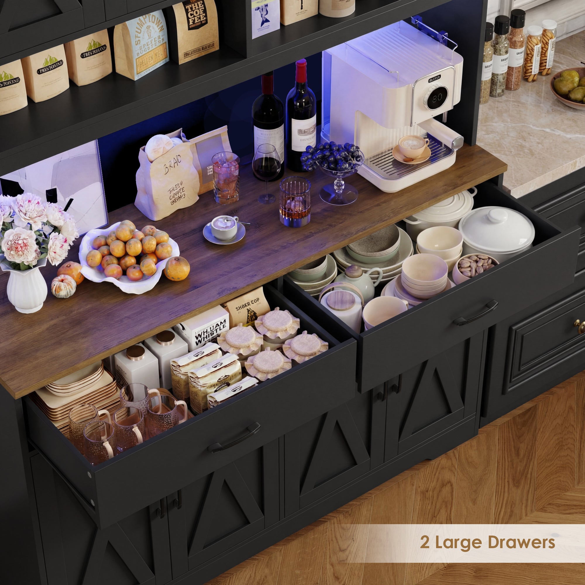 Hiphuta Farmhouse Kitchen Pantry Storage Cabinet, 75”H Freestanding Hutch with 8 Doors and 2 Drawers for Dining and Living Room, Black