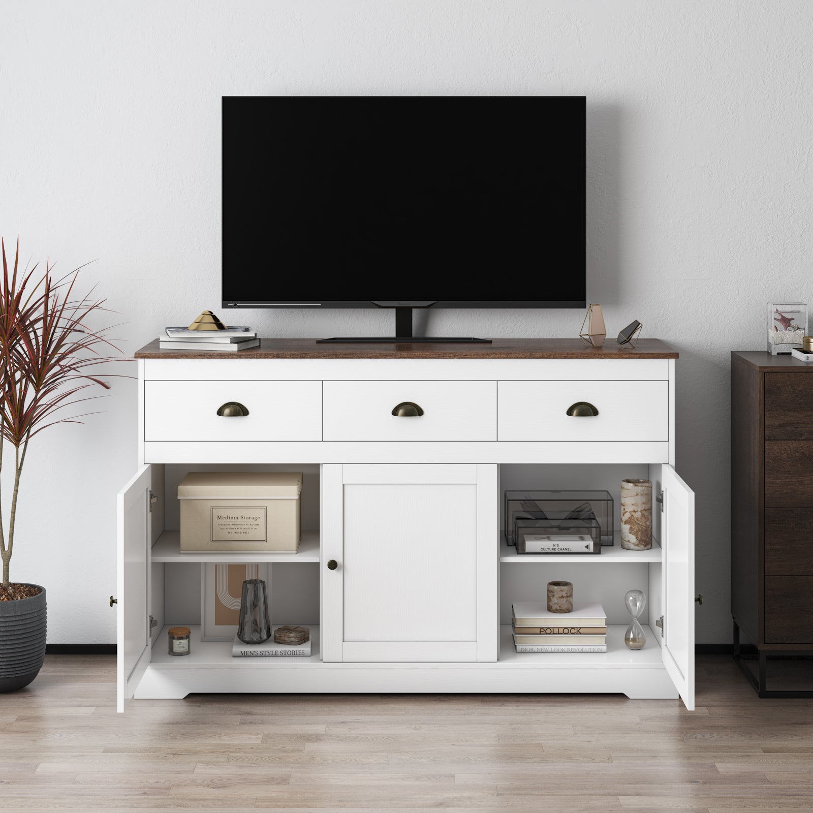 Hiphuta Sideboard Storage Cabinet with 3 Drawers & 3 Doors, 53.54"W Buffet Cabinet with Adjustable Shelves, White