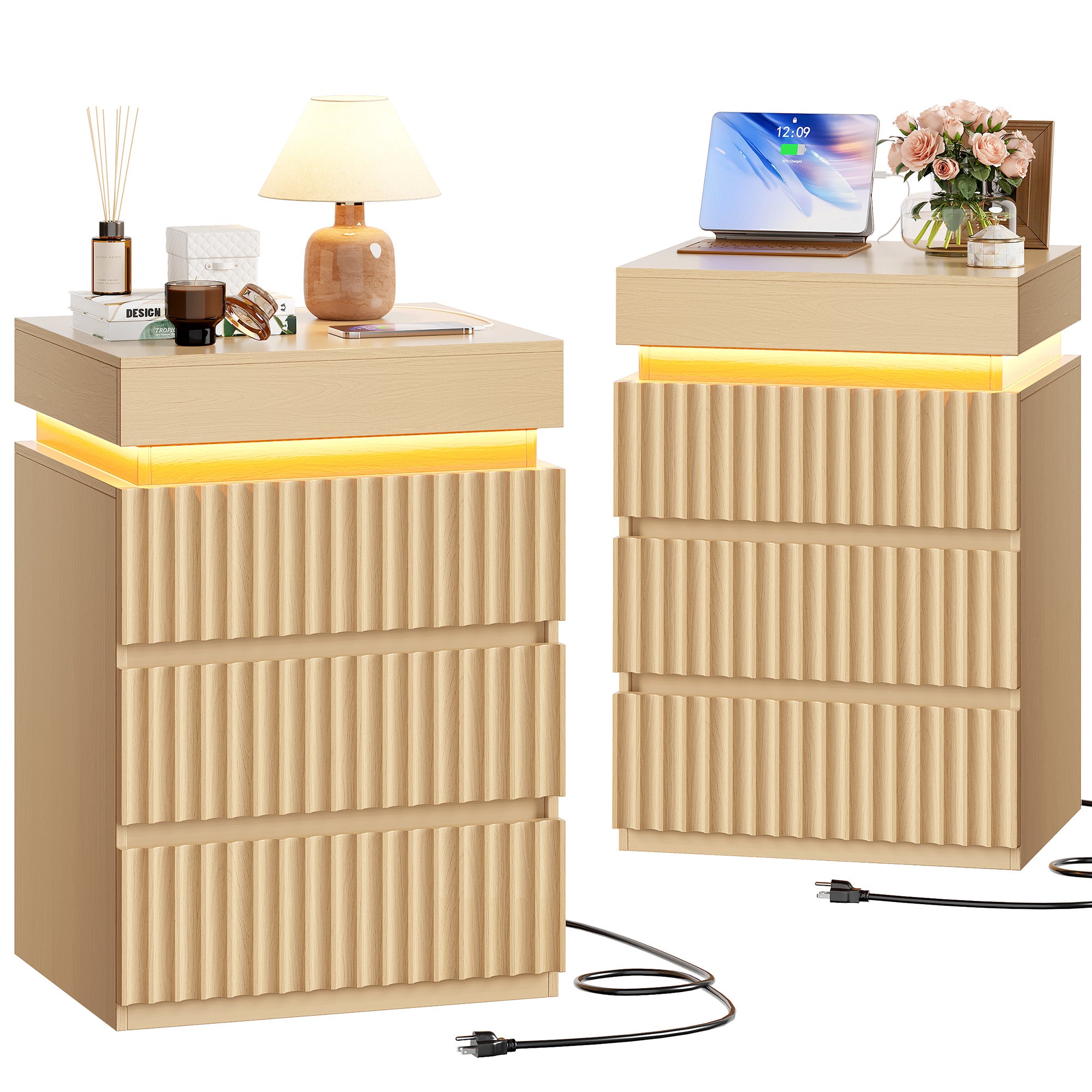 Hiphuta Set of 2 Nightstands with Charging Station, Wood End Table with 3 Drawers for Adult Bedroom Living Room, Oak
