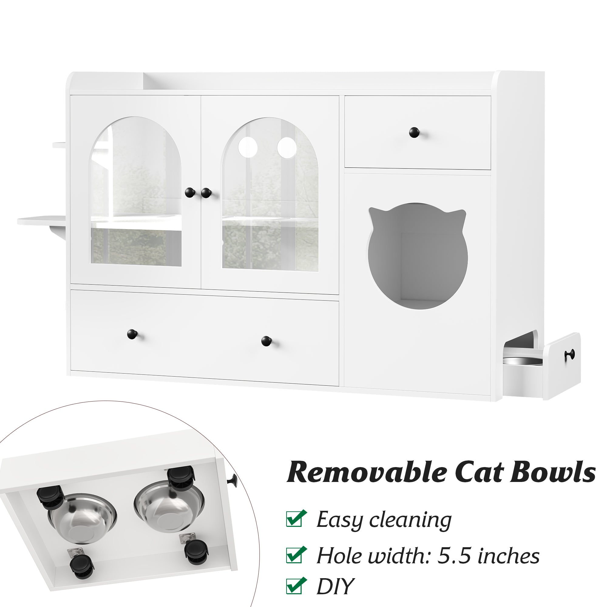 Hiphuta 47.2" Cat Condo Litter Box Enclosure Cat Wooden Storage Cabinet With Bowls