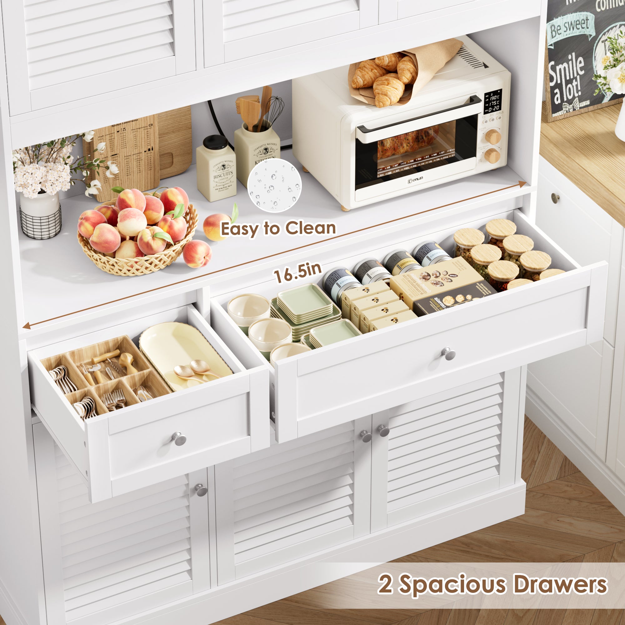 Hiphuta 70” Tall Modern Pantry Cabinet with Adjustable Shelves, Freestanding Kitchen Hutch Cabinet with Louvered Door for Dining Room, White