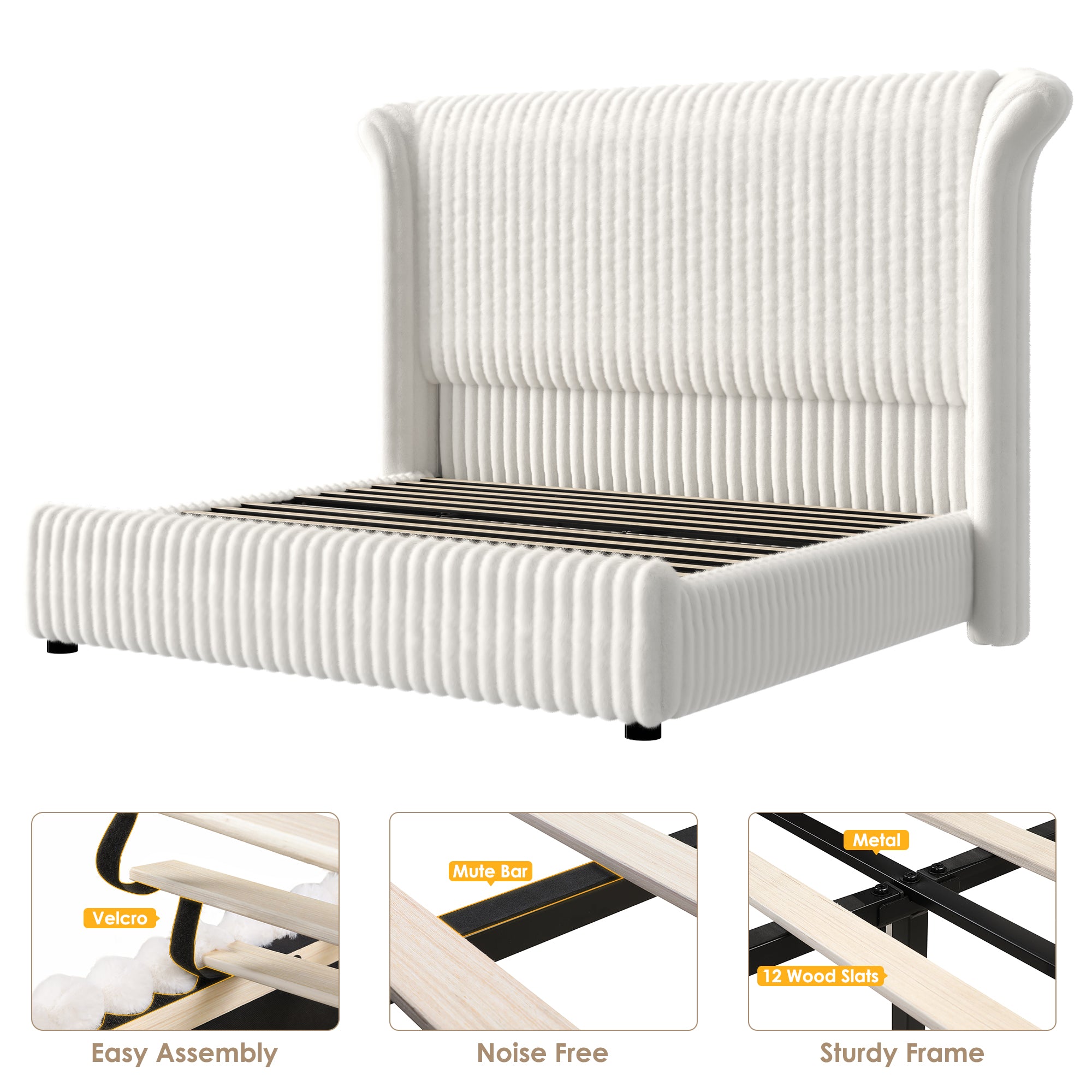 Hiphuta Modern Queen Size Corduroy Upholstered Bed Frame, LED Platform Bed Frame with 55"H Vertical Stripe Tufted Corduroy Velvet Wingback Headboard, White