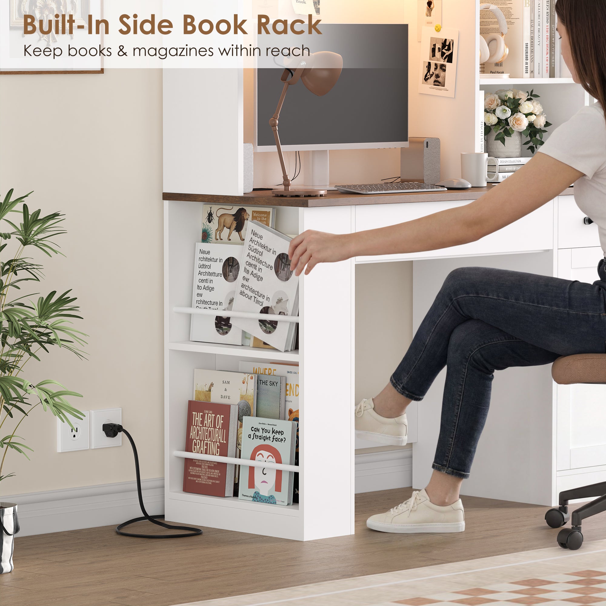 Hiphuta Desk with Hutch Bookshelf & LED Lights, All-in-One Home Office Desk with Charging Outlets and Adjustable Shelves, Study Desk Computer Desk with storage, White