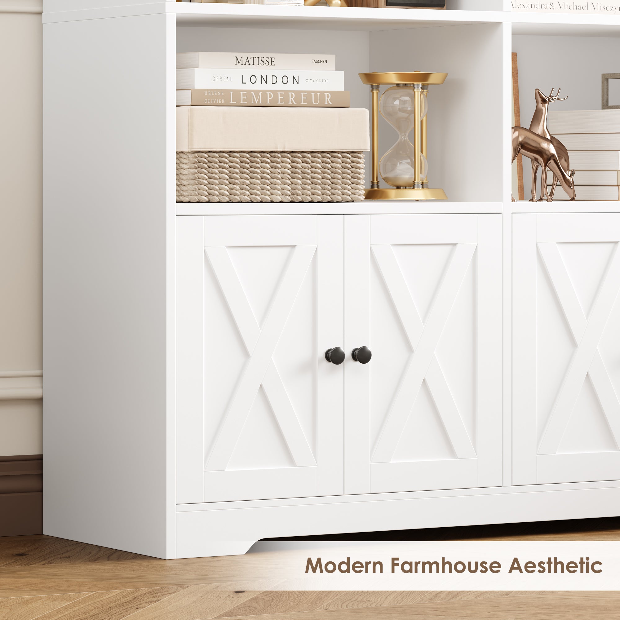 Hiphuta 78"H x 47"W Bookcase with Doors, Tall Bookshelves with Storage, 5-Tier Shelves Freestanding Display Bookcase for Home Office and Living Room, White