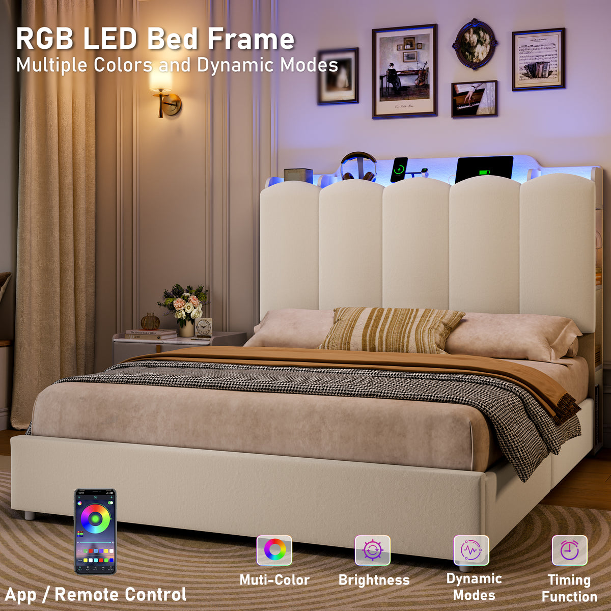 Hiphuta Queen Size Bed Frame with Storage Headboard and Side Storage Shelves, Upholstered LED Platform Bed with 2 Drawers and Charging Station, White