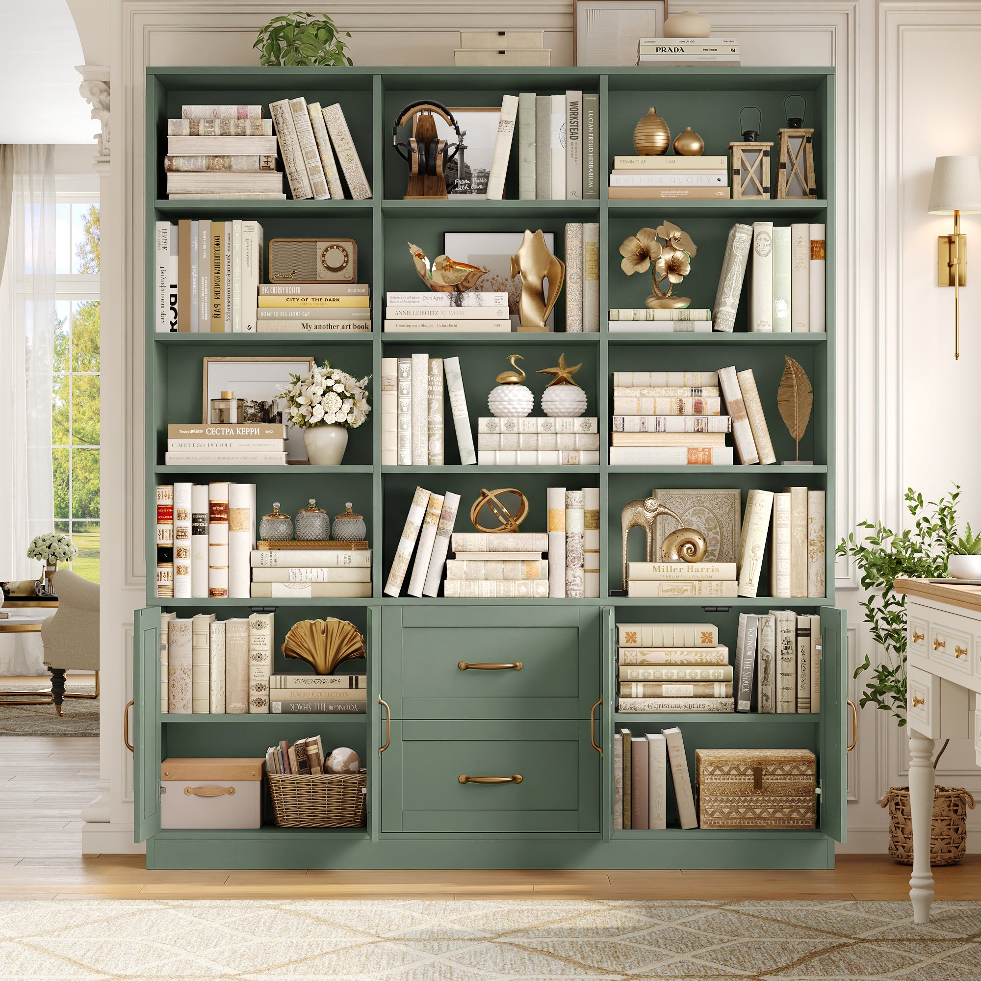 Triple Row 4-tier Bookcase, Large Bookcase with 4 Doors and 2 Drawers, Modern Minimalist Bookcase for Office Living Room, Green