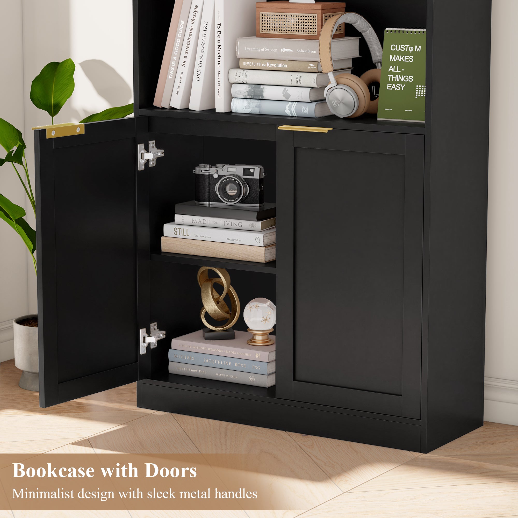 Hiphuta 73" Tall 6 tier Bookcase, Minimalist Single Row Bookshelf with 2 Doors, Modern Wooden Bookcase for Office, Living Room, Black