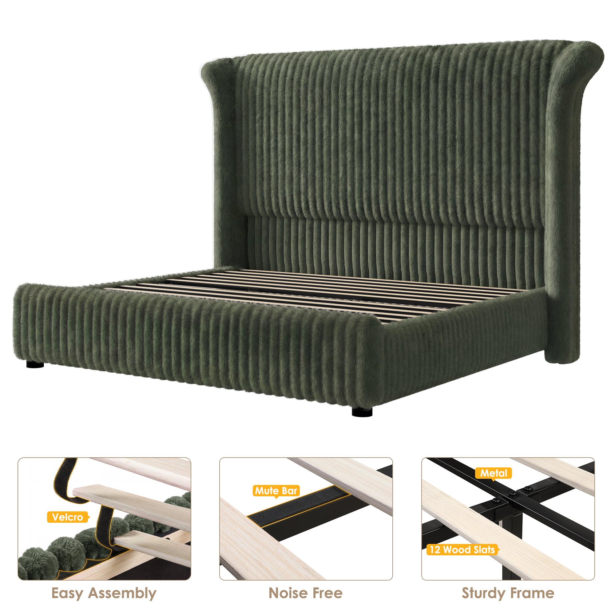 Hiphuta Modern Queen Size Corduroy Upholstered Bed Frame, LED Platform Bed Frame with 55"H Vertical Stripe Tufted Corduroy Velvet Wingback Headboard, Green
