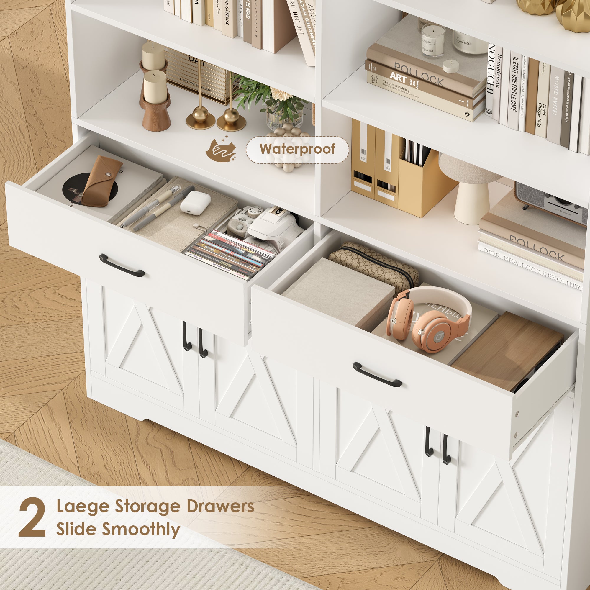 Hiphuta Bookcase with 3 Drawers, Large Farmhouse Bookshelf and Bookcase with Cabinet, White