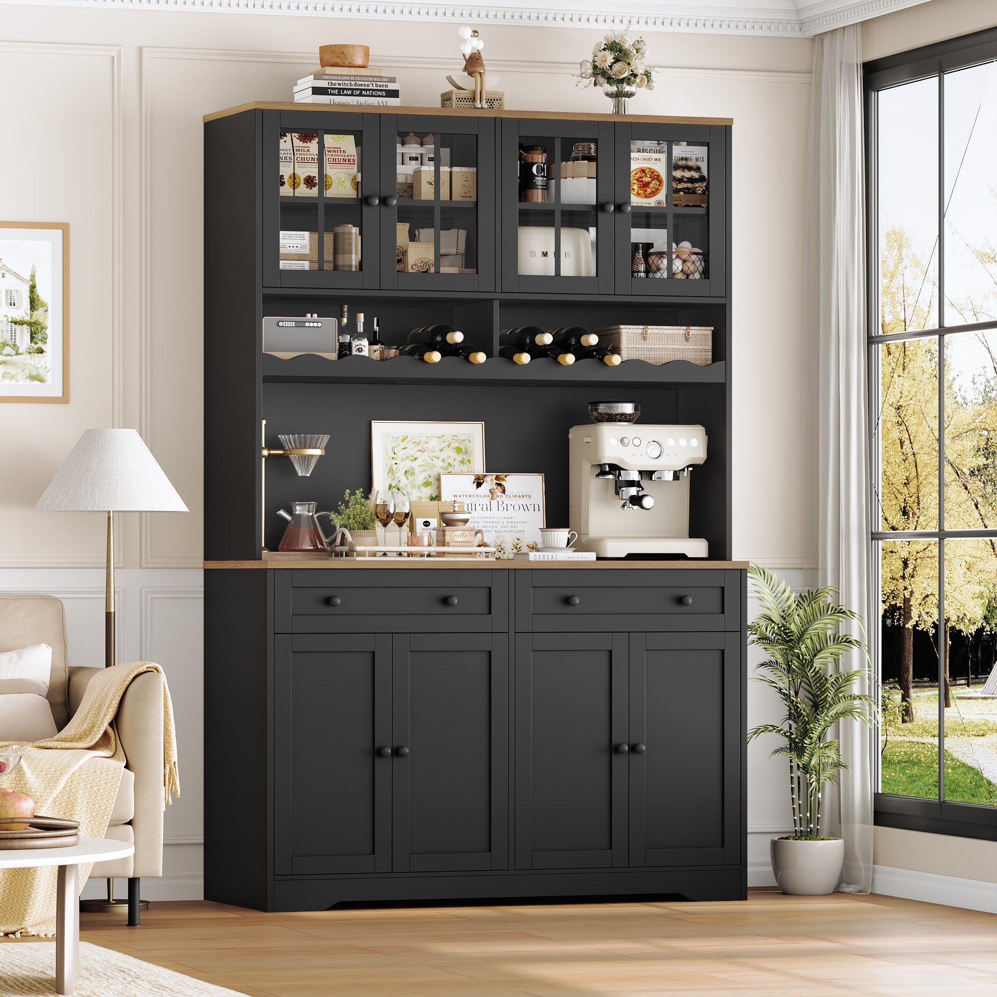 Hiphuta 75"Tall Kitchen Pantry Storage Cabinet with Power Outlet, Large Pantry Cabinet with Microwave Stand, Modern Freestanding Cupboard Hutch for Home Dinning Room, Black