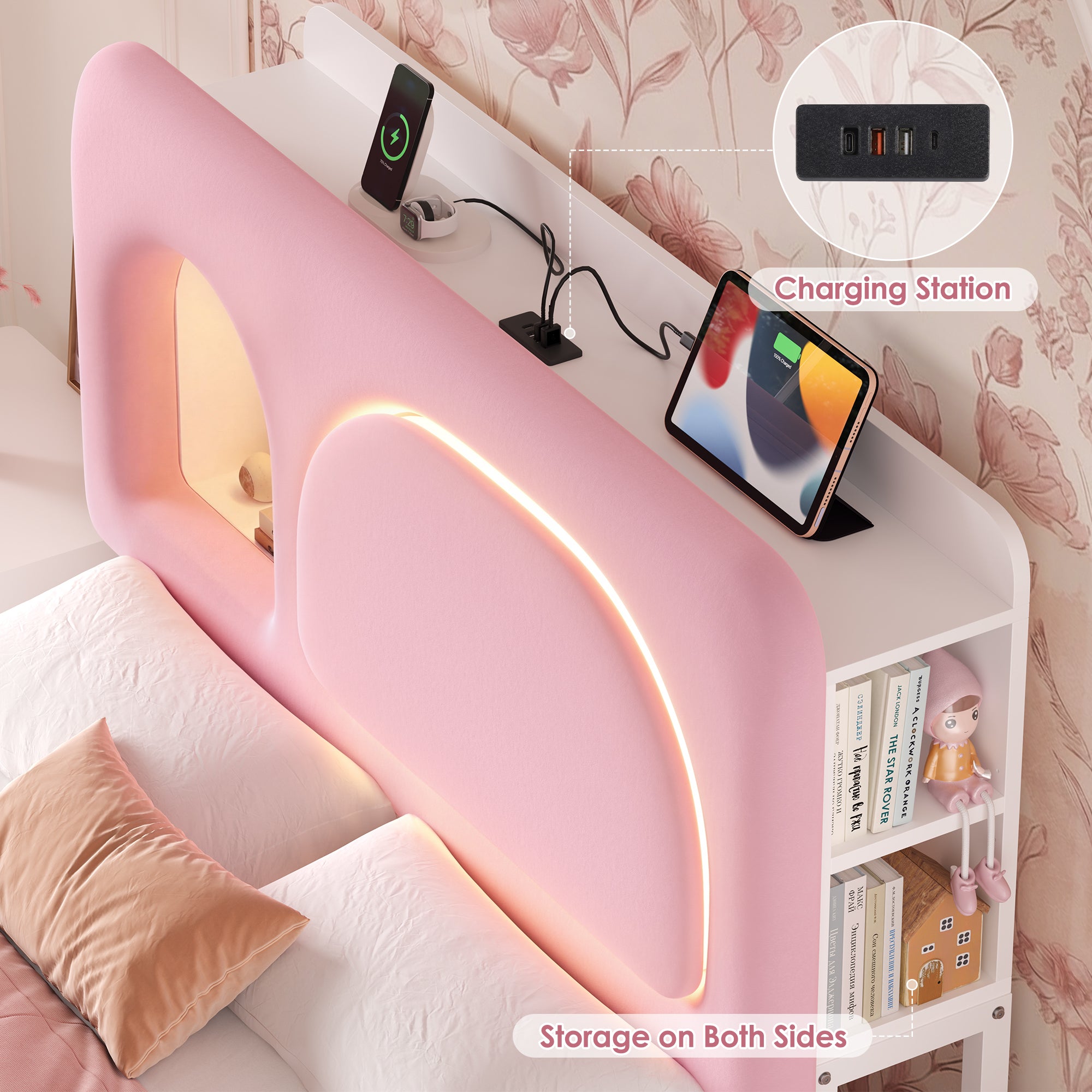 Hiphuta Full Size Bed Frame with RGB LED and Power Outlets, Velvet Upholstered Platform Bed with Drawers and Side Storage, Pink