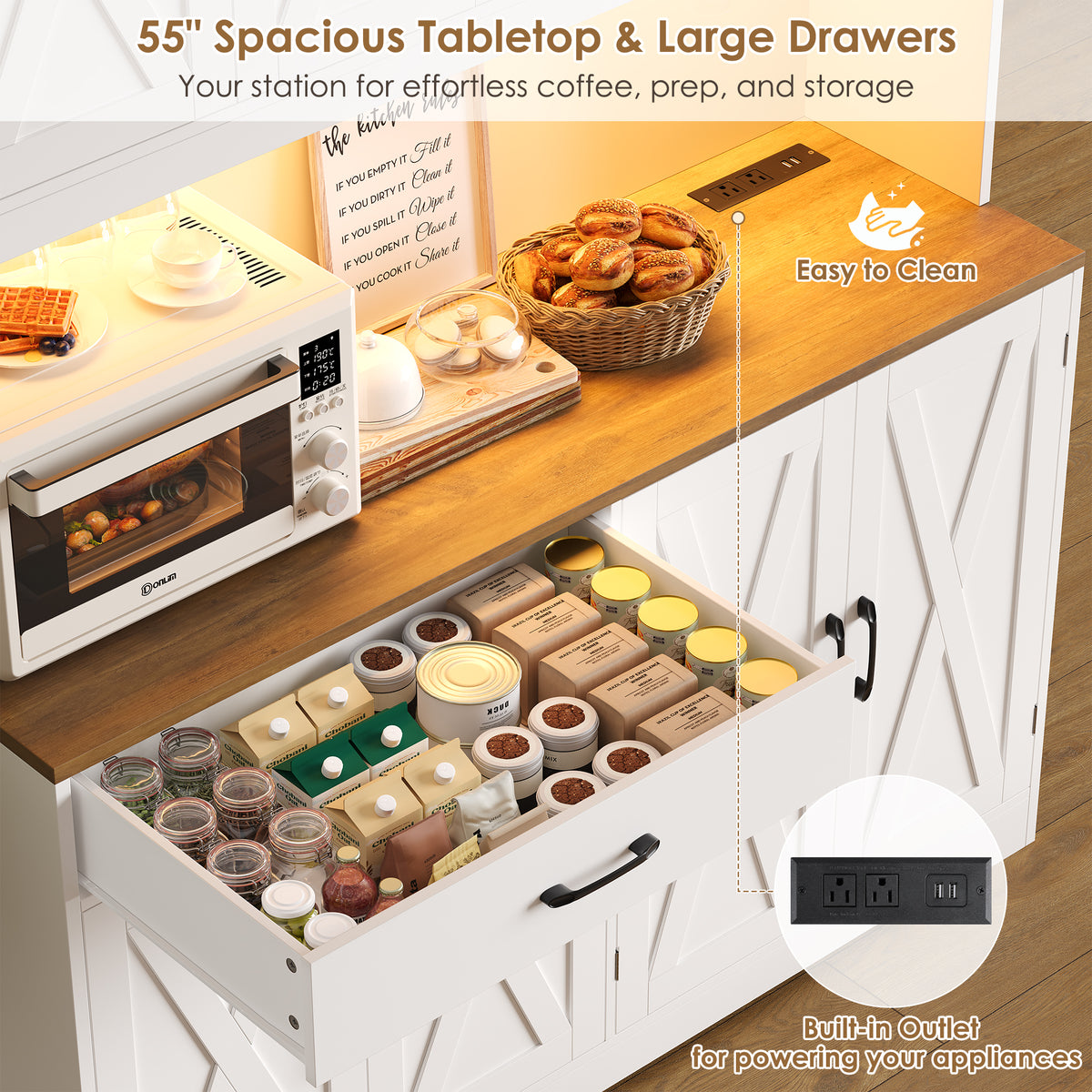 Hiphuta Large Kitchen Pantry Storage Cabinet with 8 Doors, Farmhouse Hutch Cabinet with RGB LED and Cup holders, White