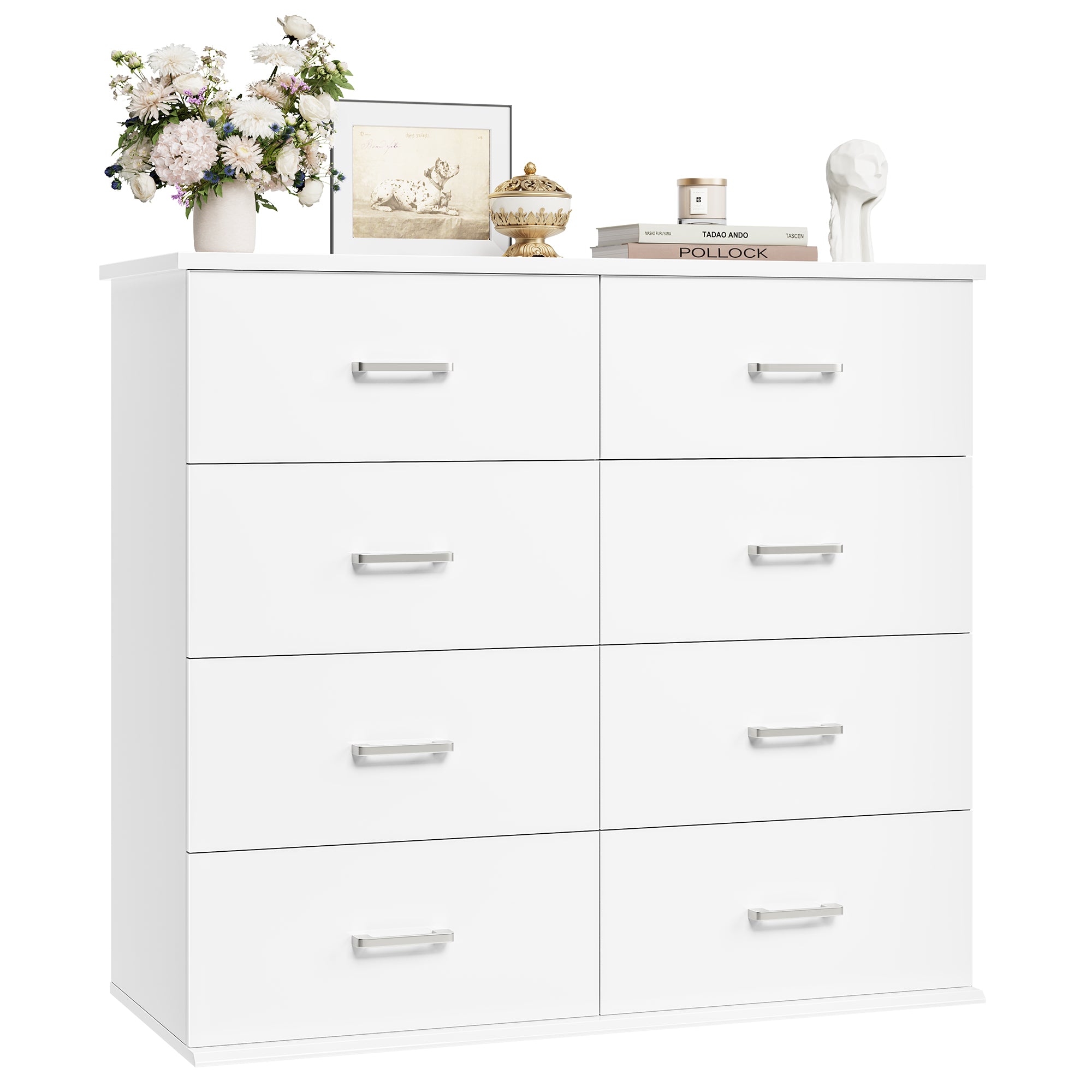 Hiphuta Modern 8 Drawer Dresser for Bedroom with Metal Handle, Large Double Dresser Organizer, Wood Chest of Drawers, White