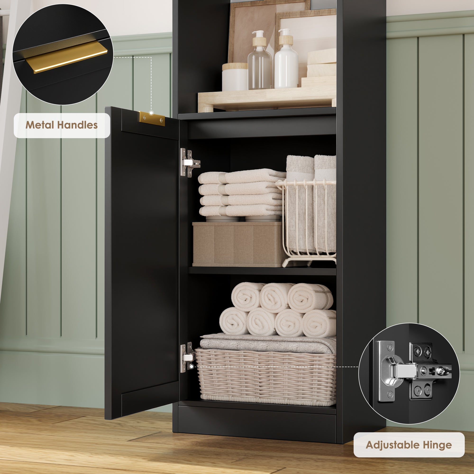 Hiphuta 73.5" Tall Bathroom Storage Cabinets with Adjustable Shelves, 6-Tier Narrow Cabinet, Bathroom Storage Tower for Small Spaces, Black