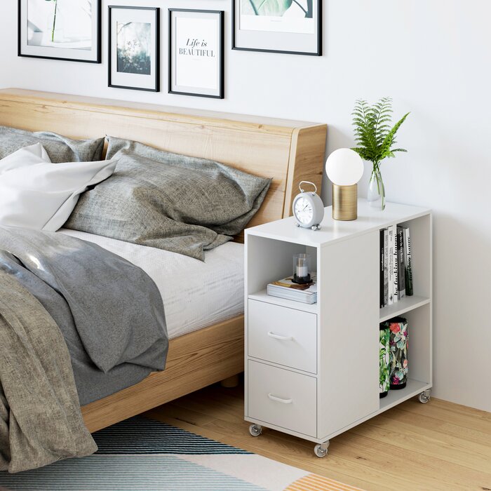 Hiphuta Movable End Side Table with 2 Drawers & Adjustable Shelf, Narrow Bedside Table, White