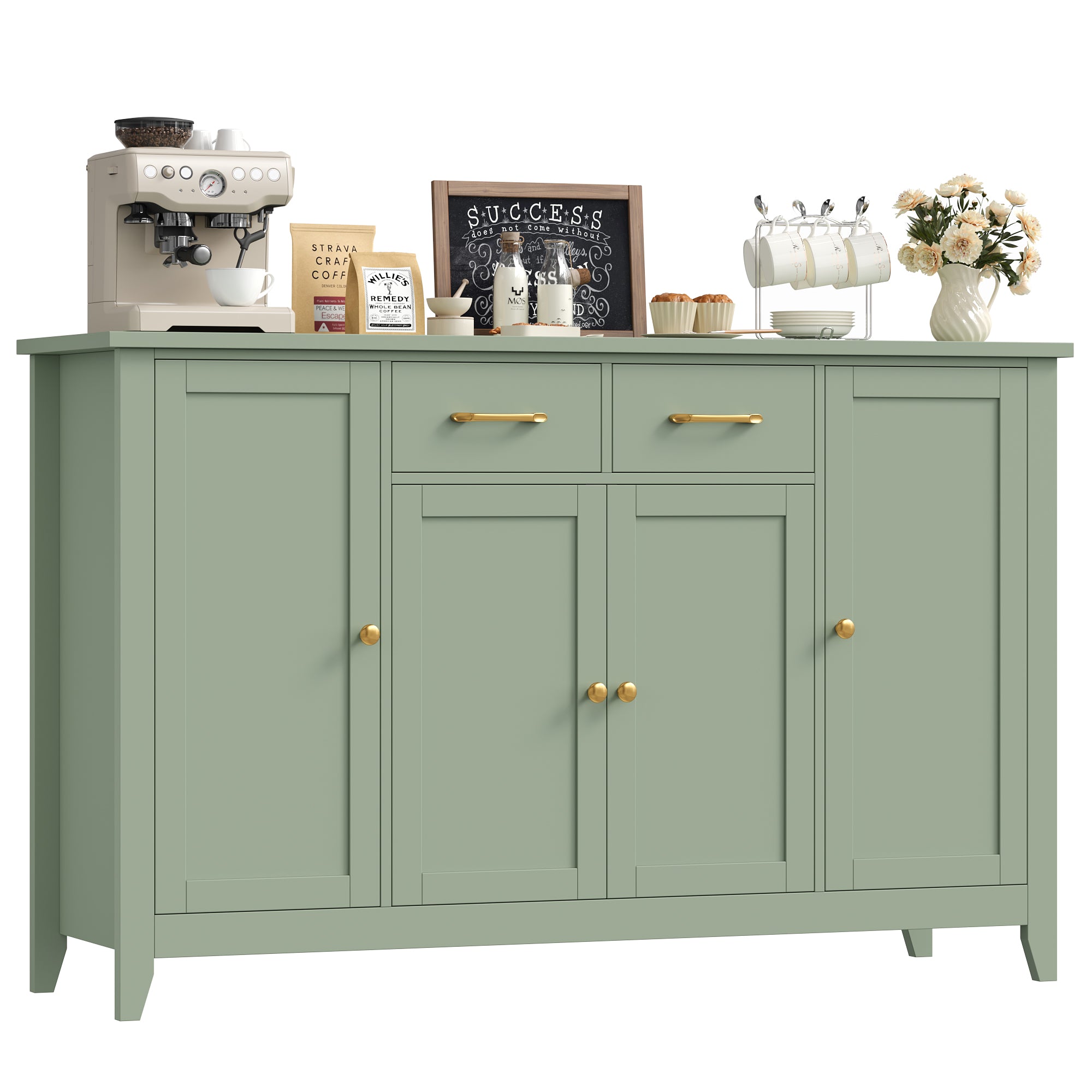 Hiphuta 55" Wide Buffet Cabinet with 2 Drawers & Adjustable Shelves, Modern Coffee Bar Cabinet with 2 Drawers and Sturdy Base for Living Room, Green