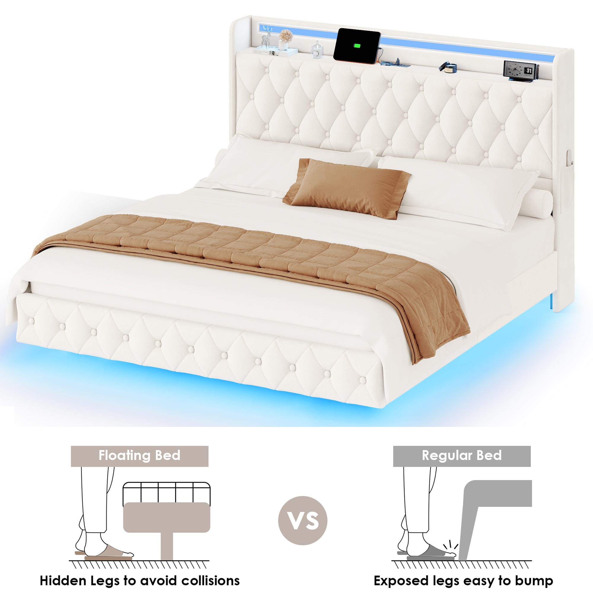 Hiphuta King Size Floating Bed Frame with LED Lights, Velvet Leather Platform Bed with Charging Station & Button Tufted Headboard Storage, No Box Spring Needed, White