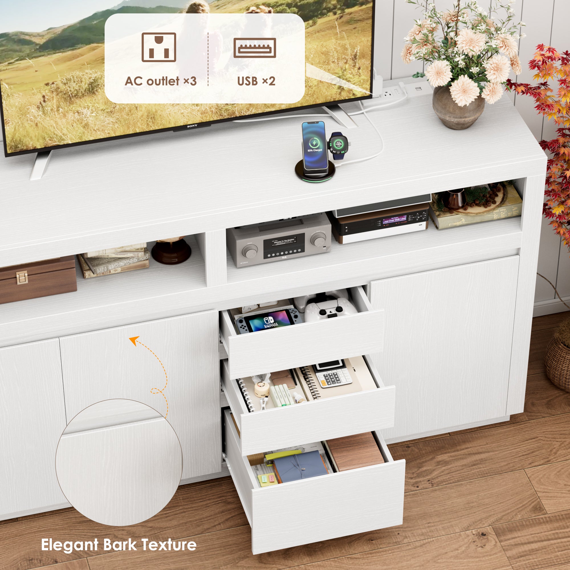 Hiphuta 63" Wide Farmhouse TV Stand Fits Up to 70 Inch TVs, Entertainment Center with RGB LED Lights, Wood Grain Media Console with Charging Station, White