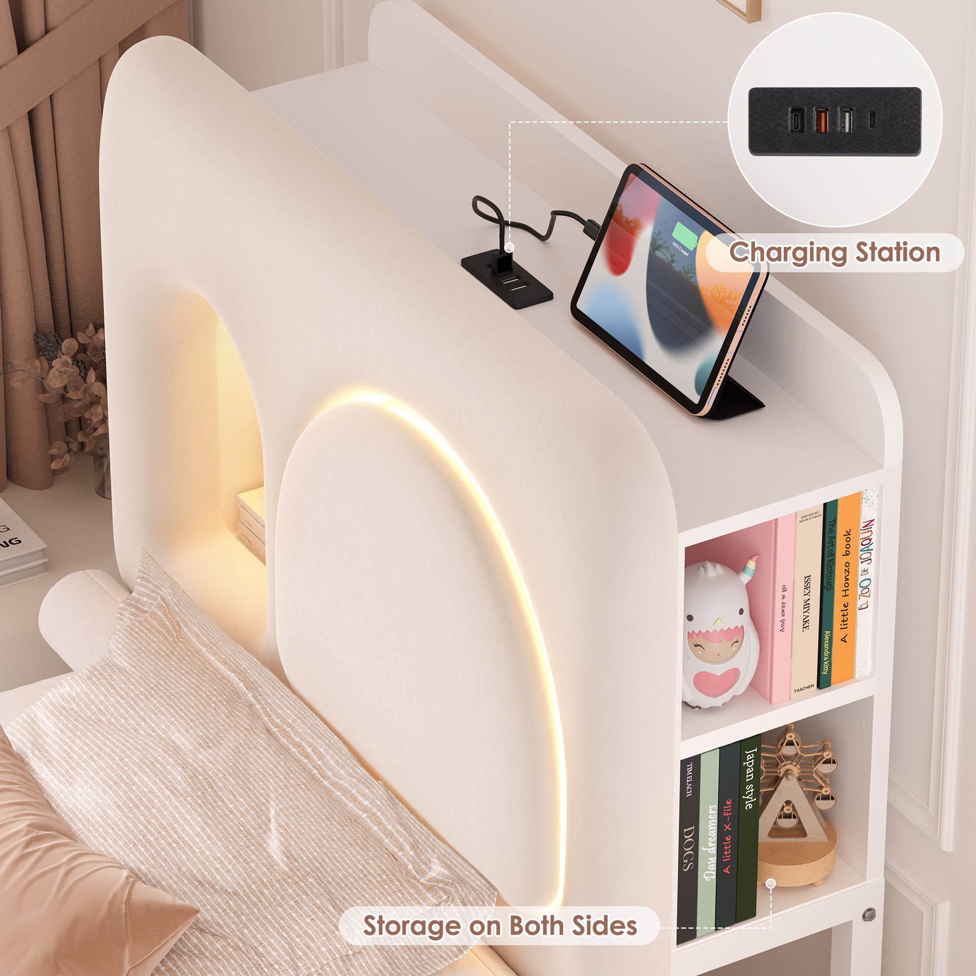 Hiphuta Twin Size Bed Frame with RGB LED and Power Outlets, Velvet Upholstered Platform Bed with Drawer and Side Storage, White