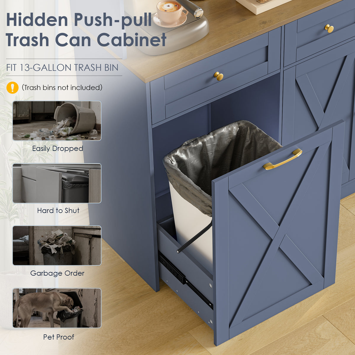 Hiphuta 73” Tall Kitchen Pantry Cabinet Fits 13 Gallon Trash Can Cabinet, Farmhouse Kitchen Storage Hutch with Pull Out Trash Can Storage for Dining Room Living Room, Dark Blue