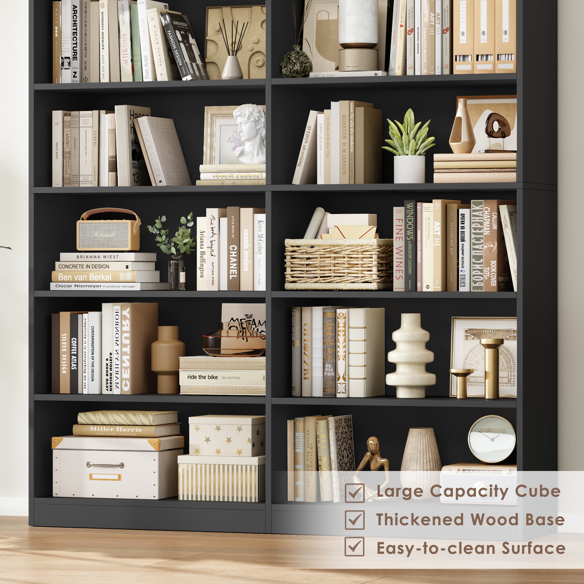 Hiphuta 84"H Wooden Double 7-Tier Tall Bookcase, Standard Bookcase for Living Room and Office, Freestanding Display Storage Shelves, Black
