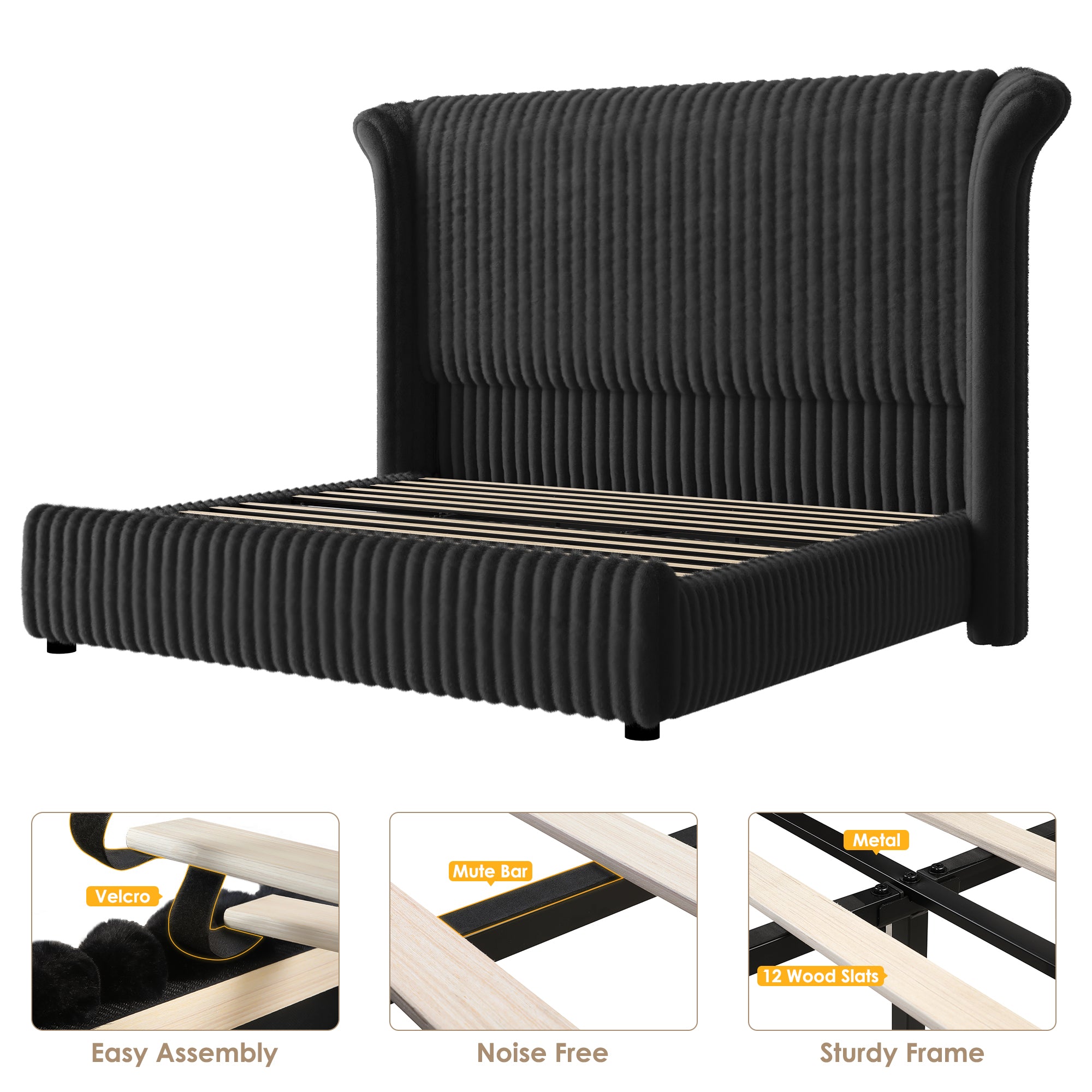 Hiphuta Modern King Size Corduroy Upholstered Bed Frame, LED Platform Bed Frame with 55"H Vertical Stripe Tufted Corduroy Velvet Wingback Headboard, Black
