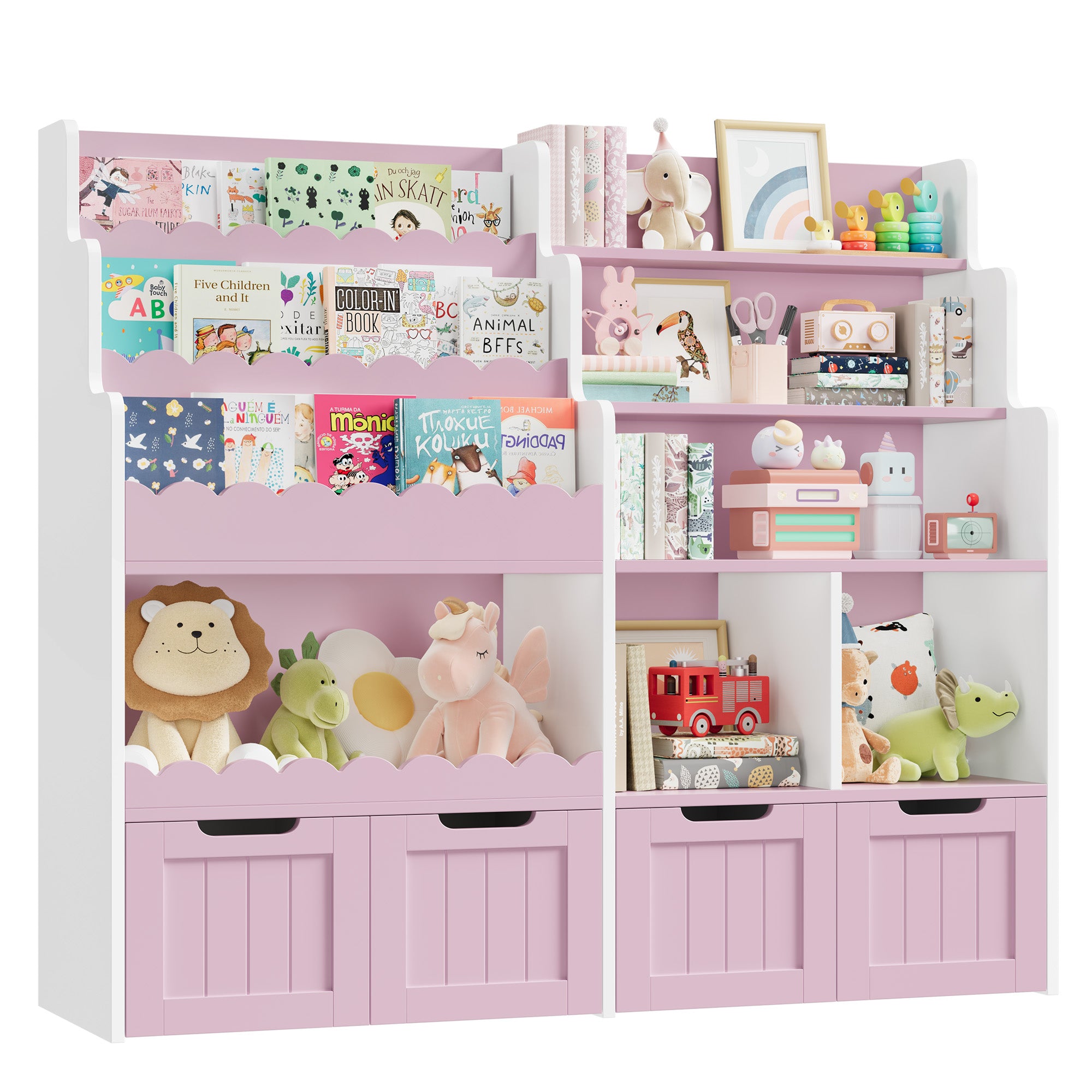 Hiphuta 47”Wide Large Kids Toy Storage Organizer, Wood Toy Cabinet with Book Rack & Movable Bins, Pink Toy Box for Kids Bedroom