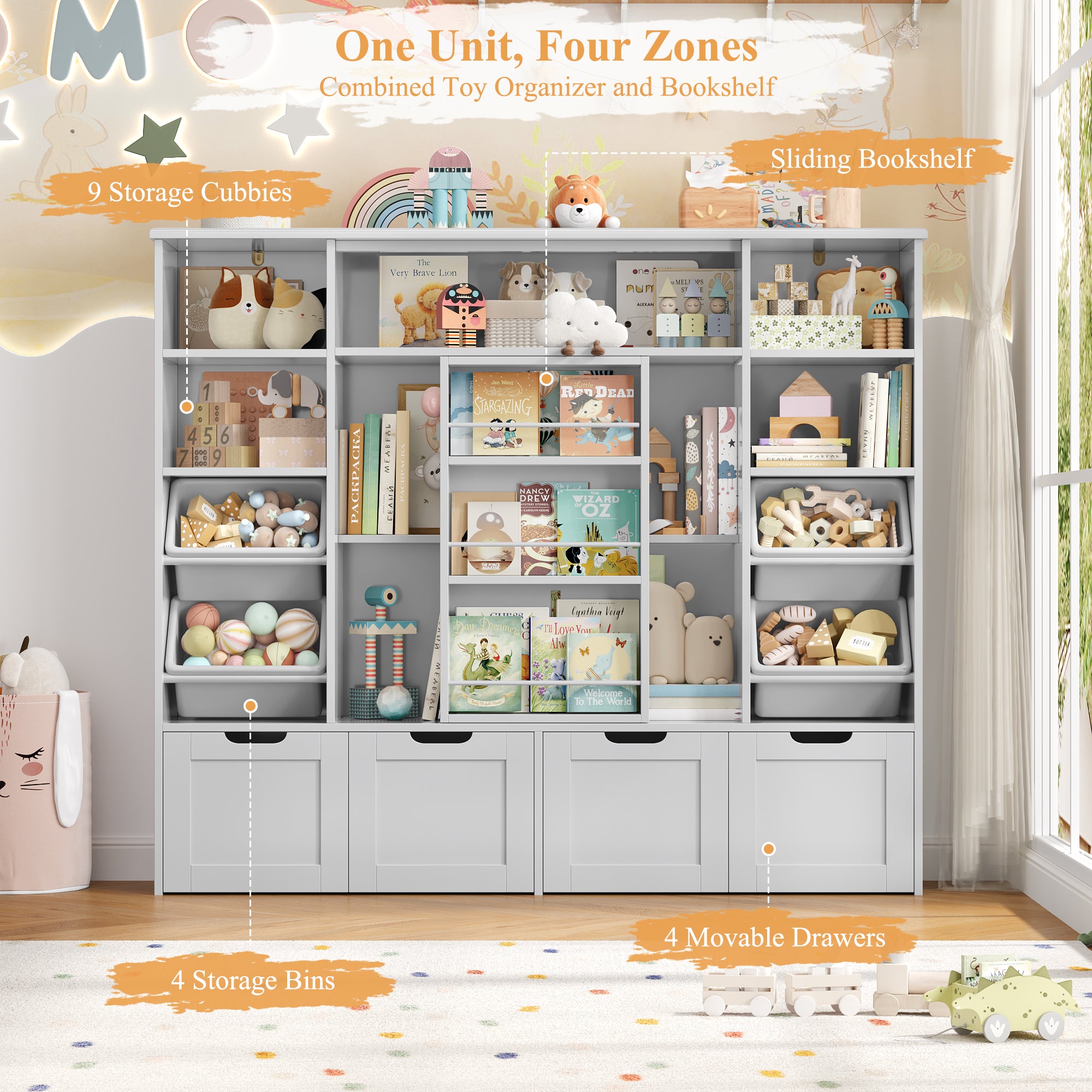 Hiphuta Kid Toy Storage with Bookshelf, Kid Toy Organizer with 4 Removable Drawers, Kid Bookcases with Toy Box for Kid Bedroom Playroom, Gray