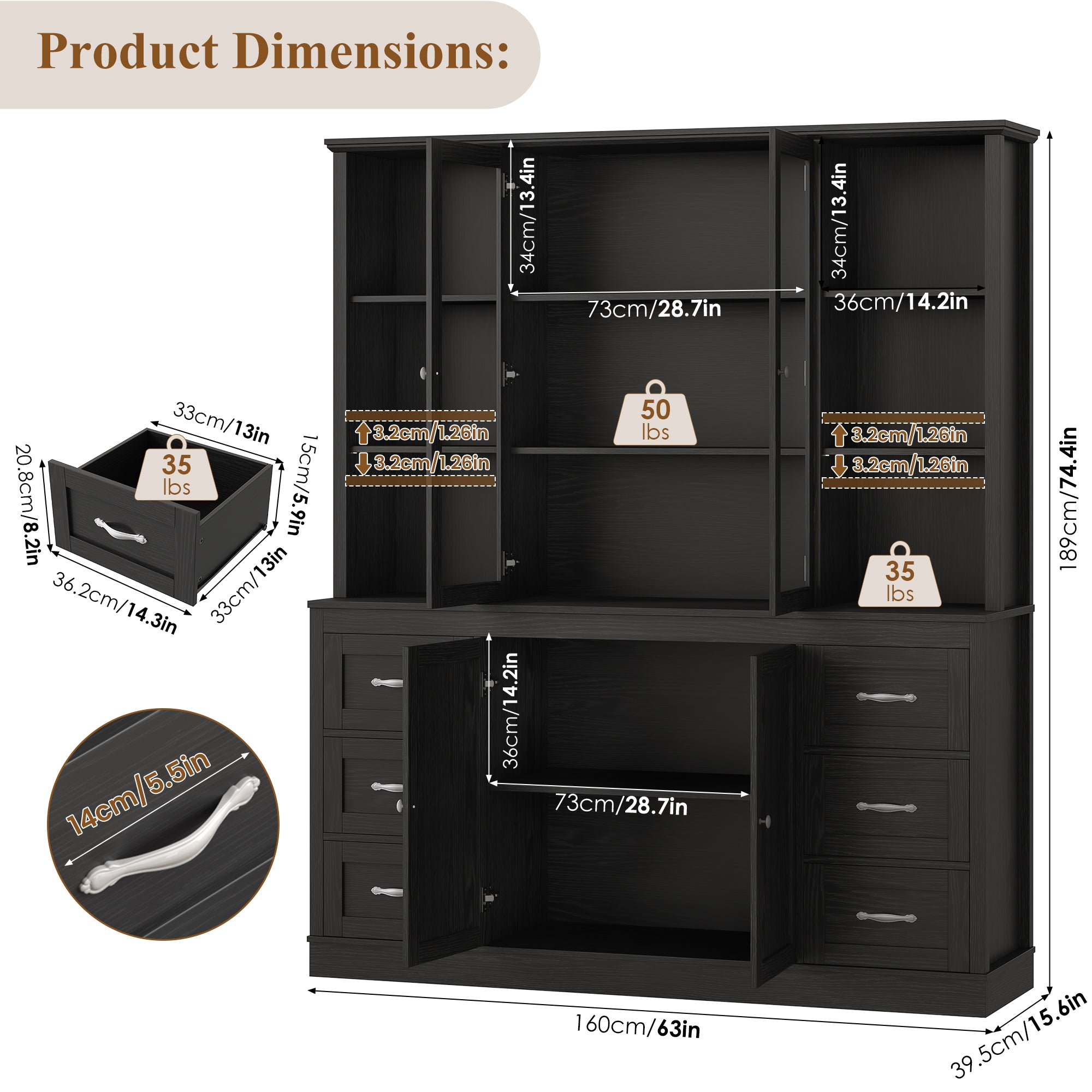 Hiphuta 74 in Tall Bookcase with 6 Drawers, Large Bookcase with Glass Door and Adjustable Shelves, Farmhouse Bookcase with Bark Texture, Black