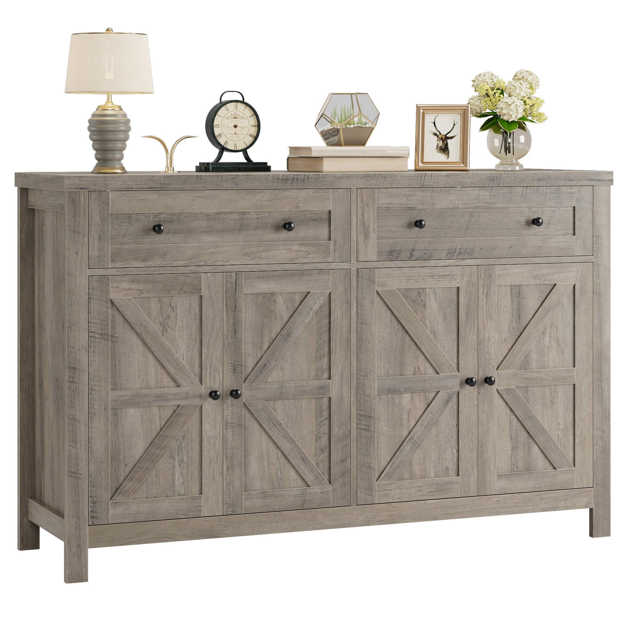 Hiphuta 55.1" Modern Sideboard Buffet, Credenza Storage Cabinets with Adjustable Shelf, 4-Doors & 2-Drawers, Ash Gray